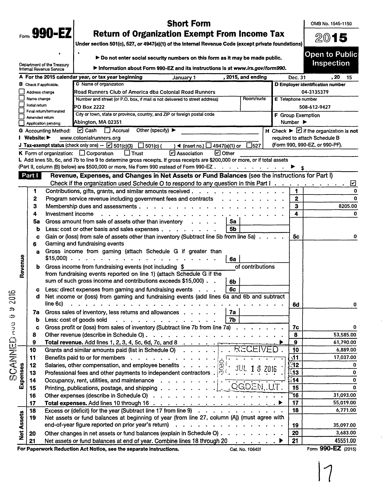 Image of first page of 2015 Form 990EZ for Road Runners Club of America / Colonial Road Runners