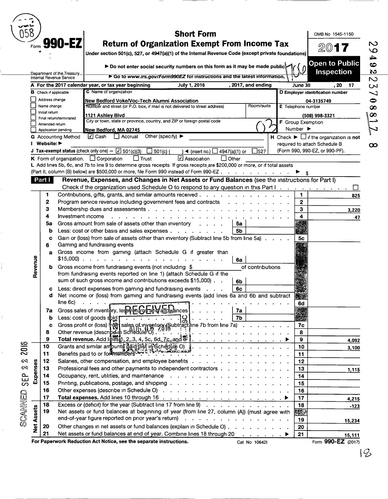 Image of first page of 2016 Form 990EZ for New Bedford Voke