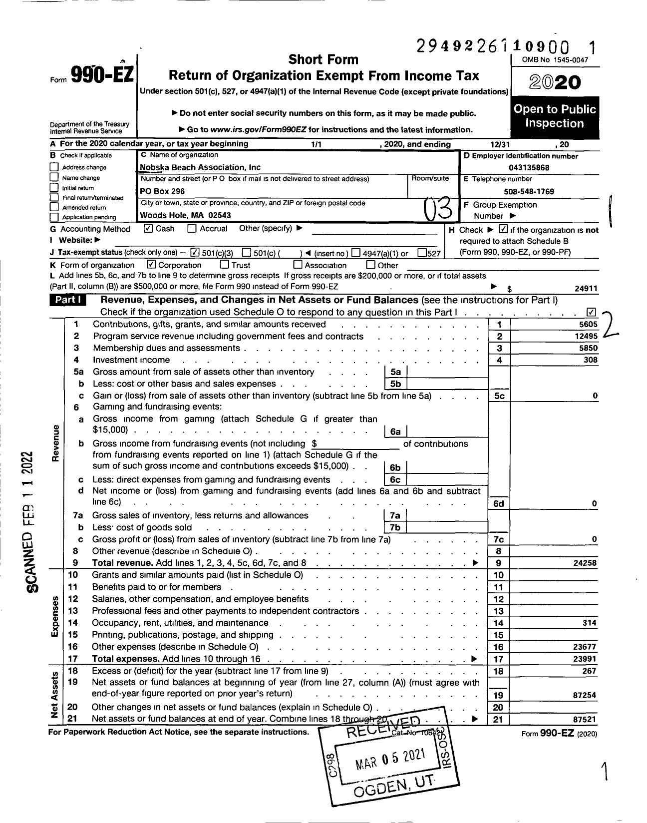 Image of first page of 2020 Form 990EZ for Nobska Beach Association