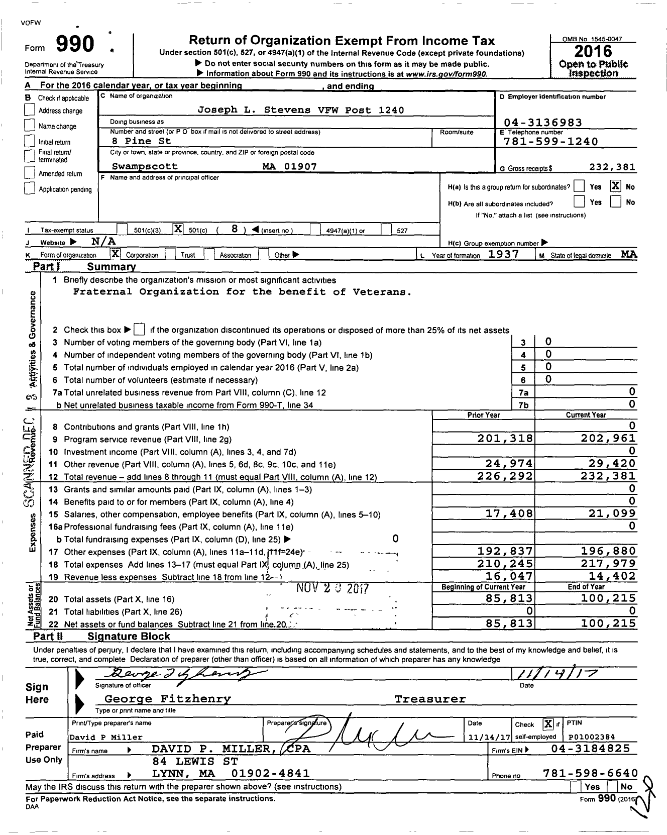 Image of first page of 2016 Form 990O for VFW Department of Massachusetts - 1240 Joseph L Stevens Post