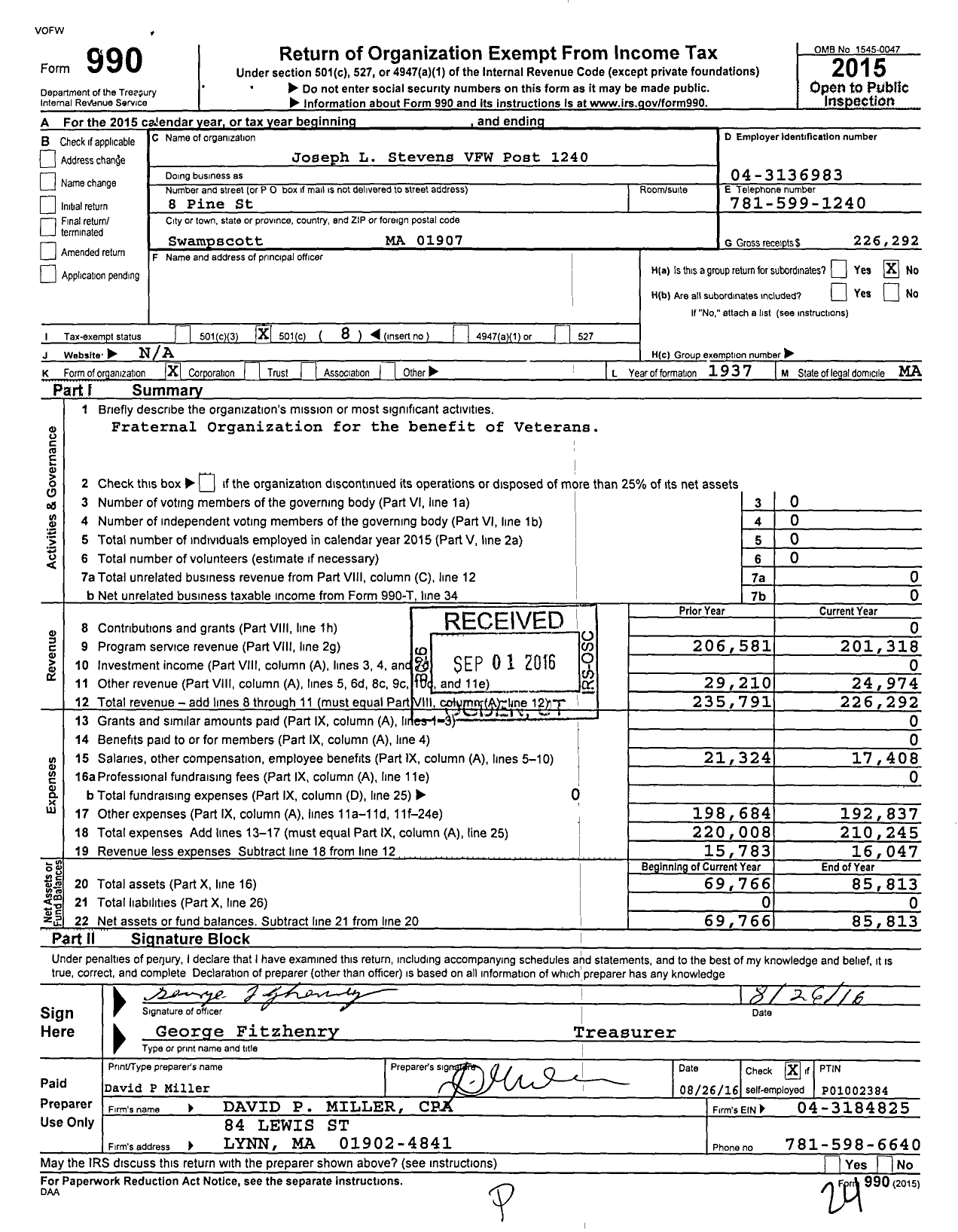 Image of first page of 2015 Form 990O for VFW Department of Massachusetts - 1240 Joseph L Stevens Post