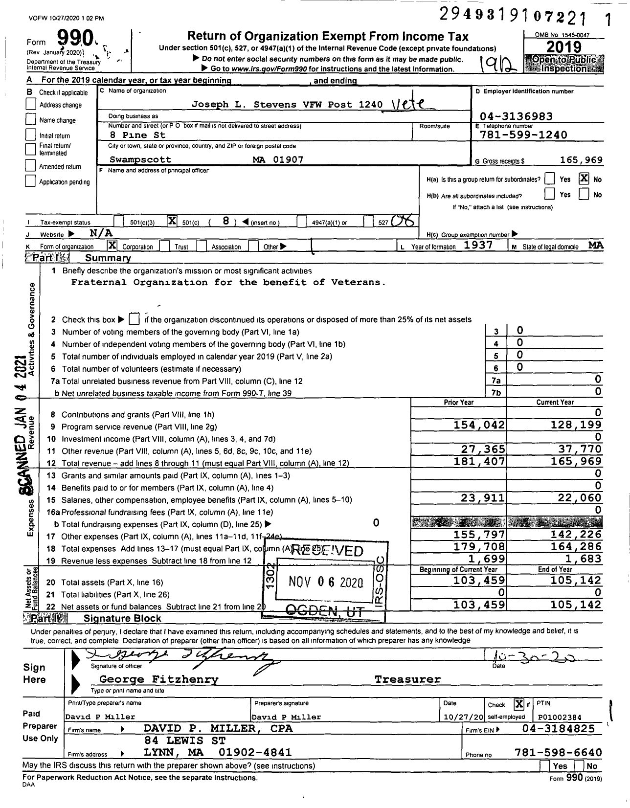 Image of first page of 2019 Form 990O for VFW Department of Massachusetts - 1240 Joseph L Stevens Post