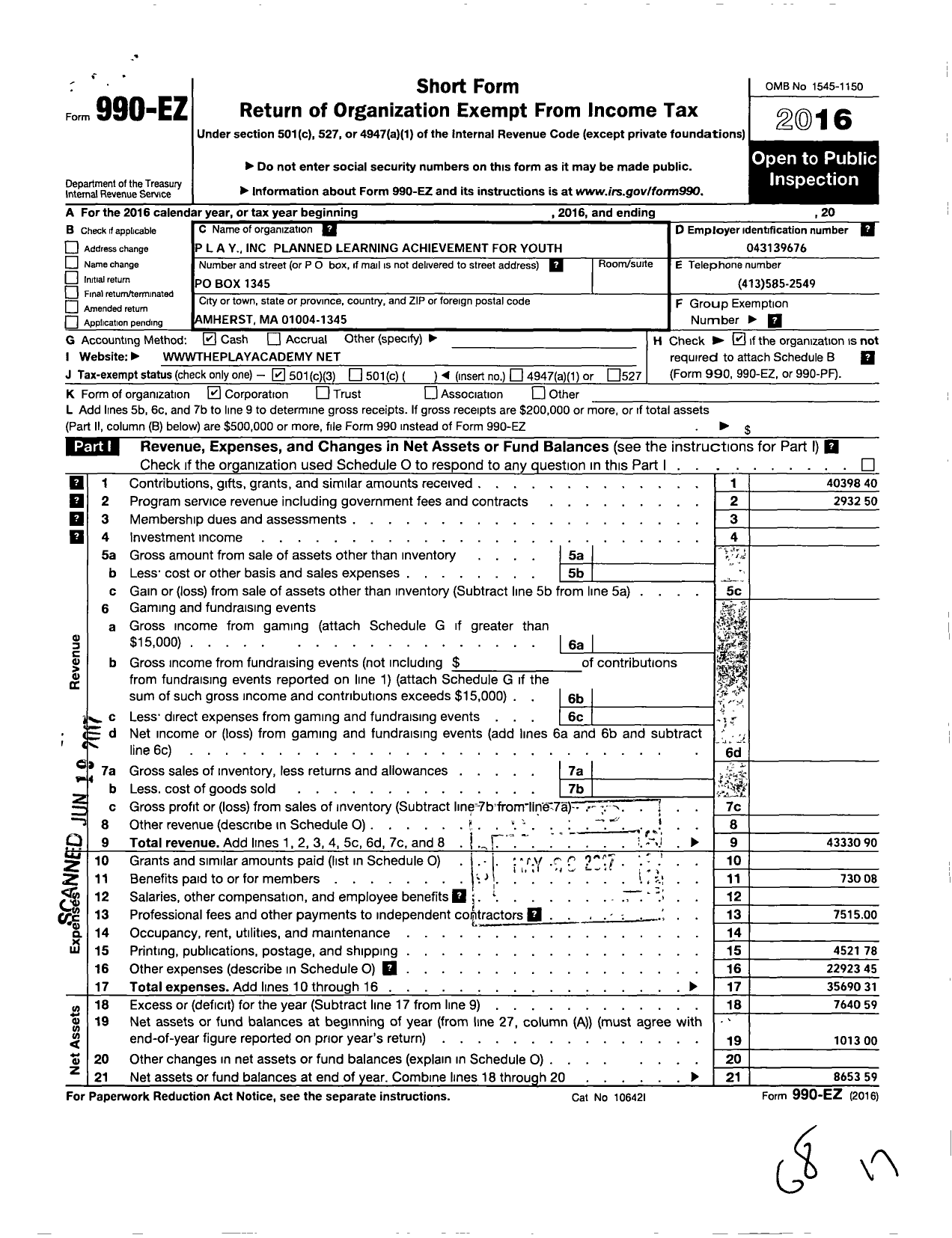 Image of first page of 2016 Form 990EZ for Play