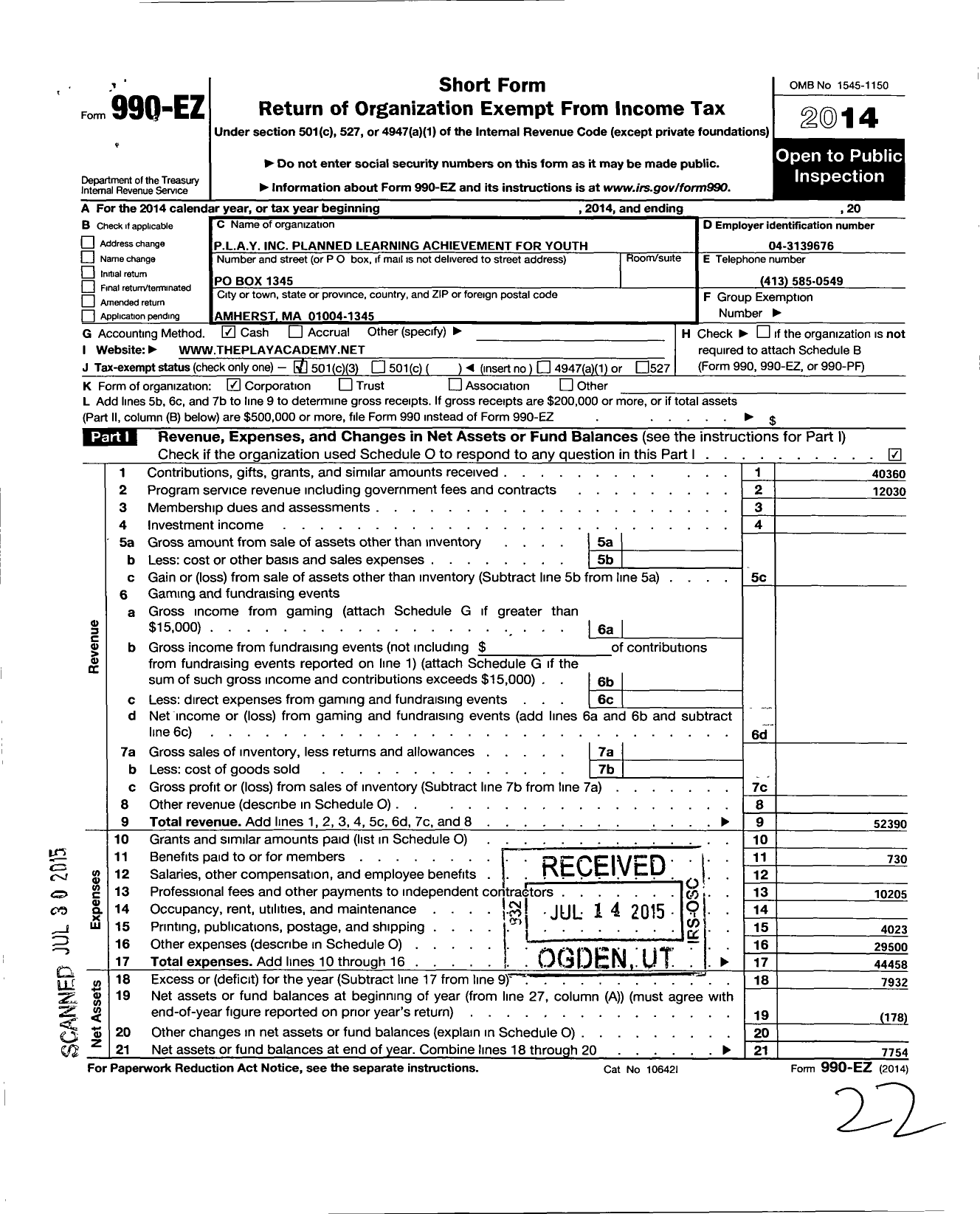 Image of first page of 2014 Form 990EZ for Play