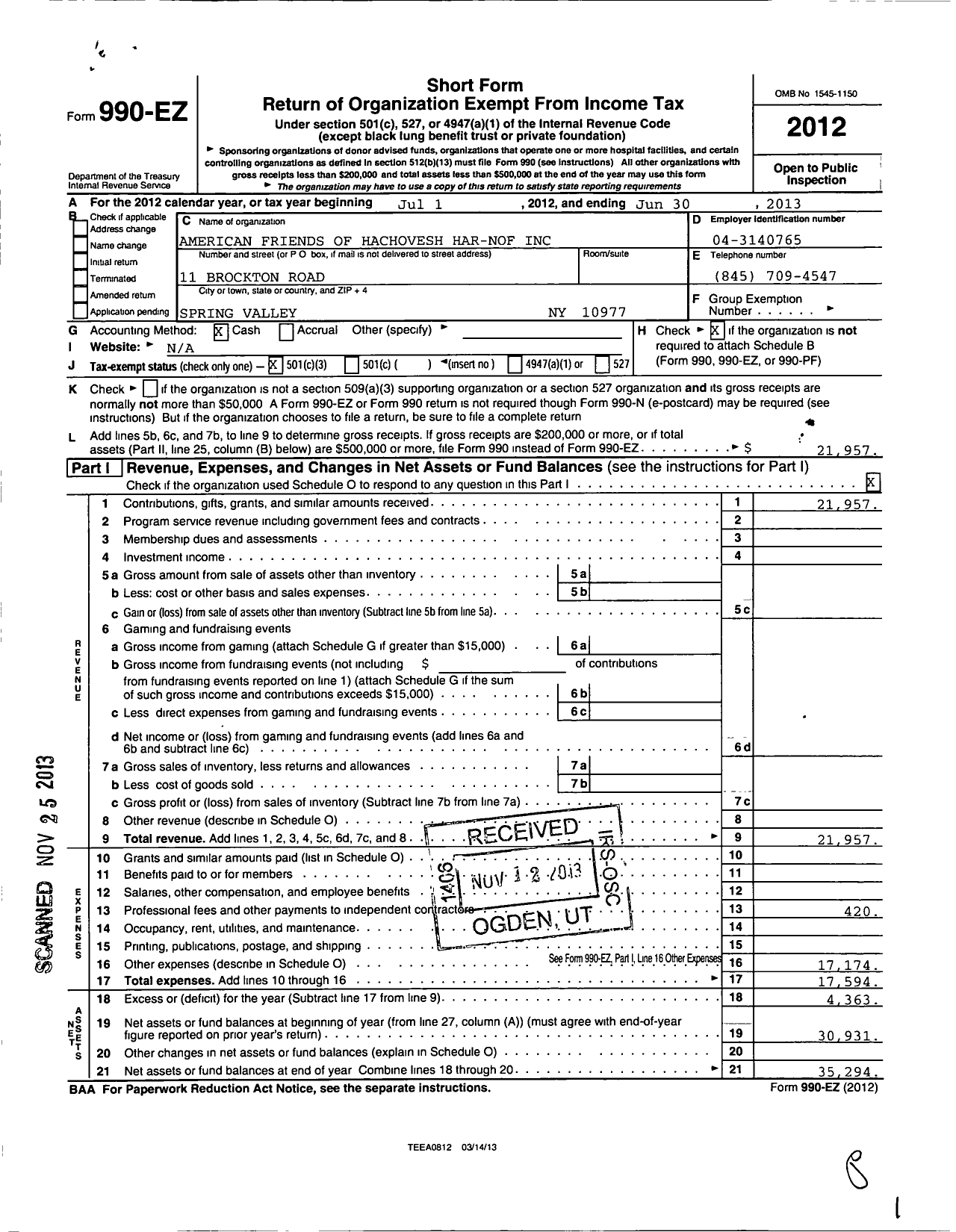 Image of first page of 2012 Form 990EZ for American Friends of Hachovesh Har Nof