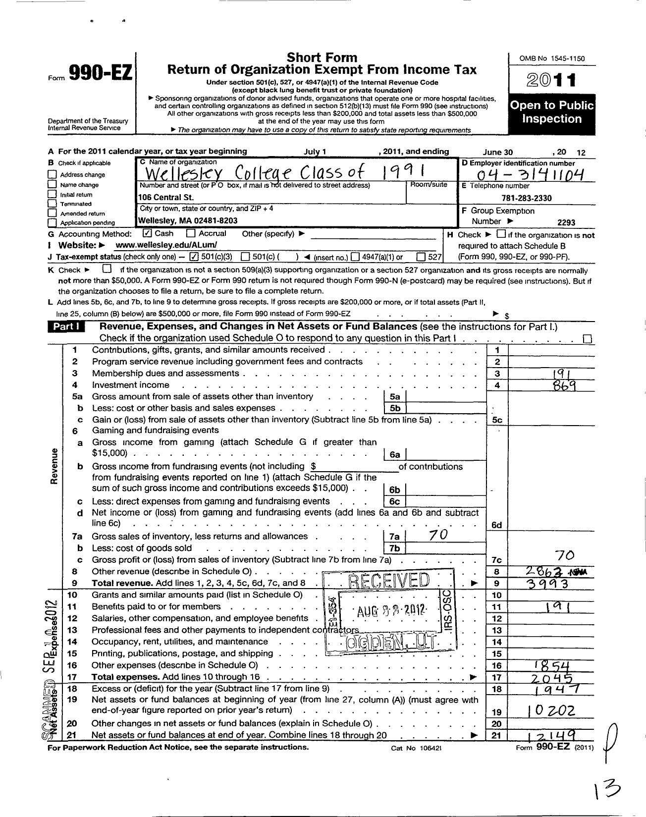 Image of first page of 2011 Form 990EZ for Wellesley College Alumnae Association - 1991 Class