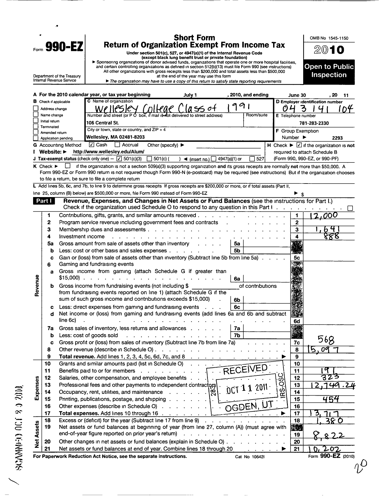 Image of first page of 2010 Form 990EZ for Wellesley College Alumnae Association - 1991 Class