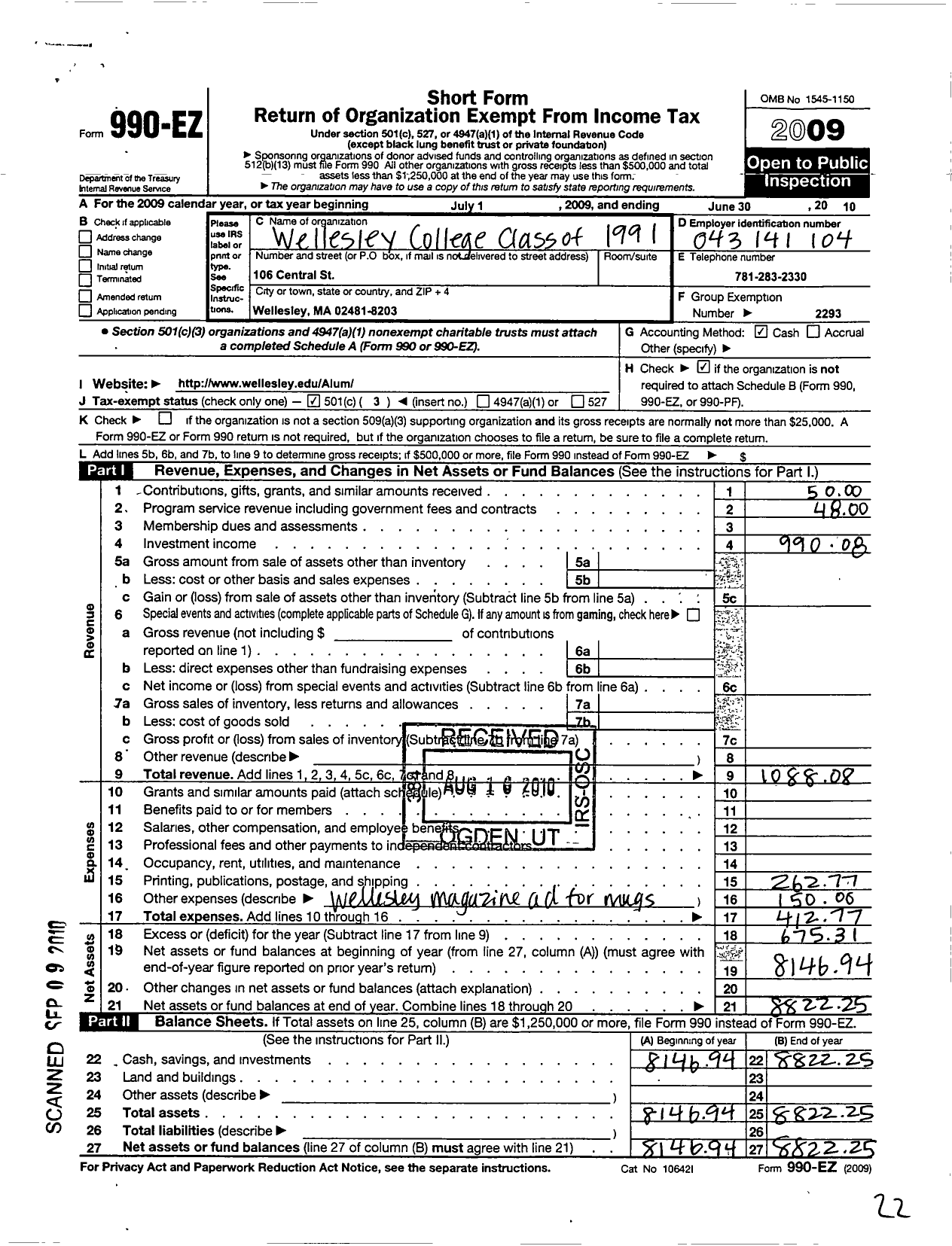 Image of first page of 2009 Form 990EZ for Wellesley College Alumnae Association - 1991 Class