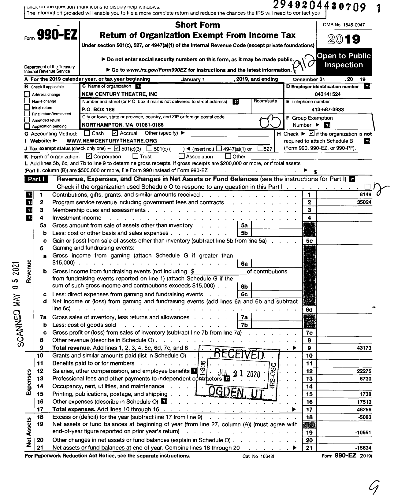 Image of first page of 2019 Form 990EZ for New Century Theatre