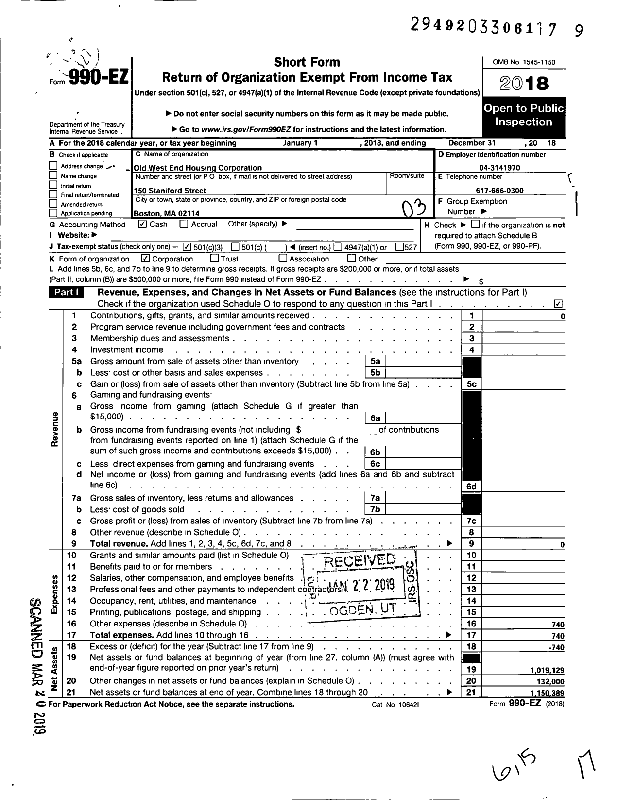 Image of first page of 2018 Form 990EZ for Old West End Housing Corporation