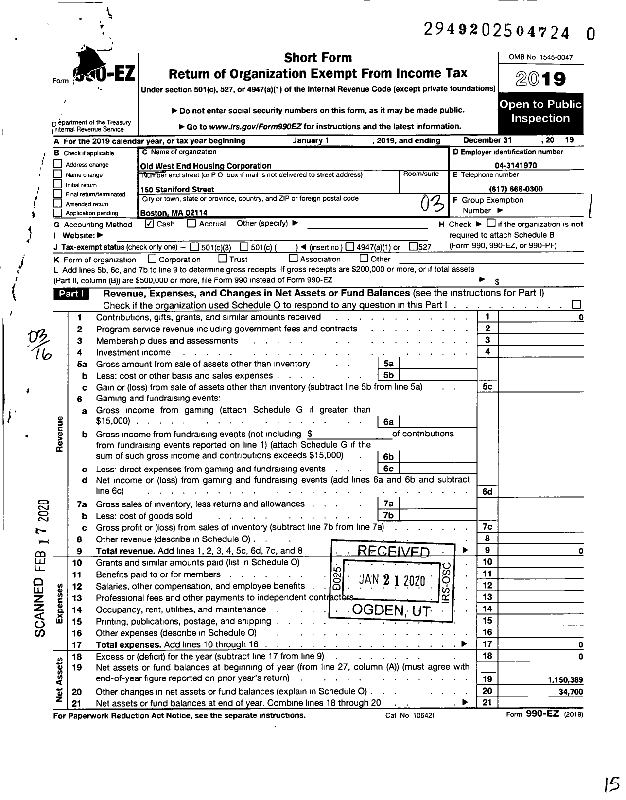 Image of first page of 2019 Form 990EZ for Old West End Housing Corporation