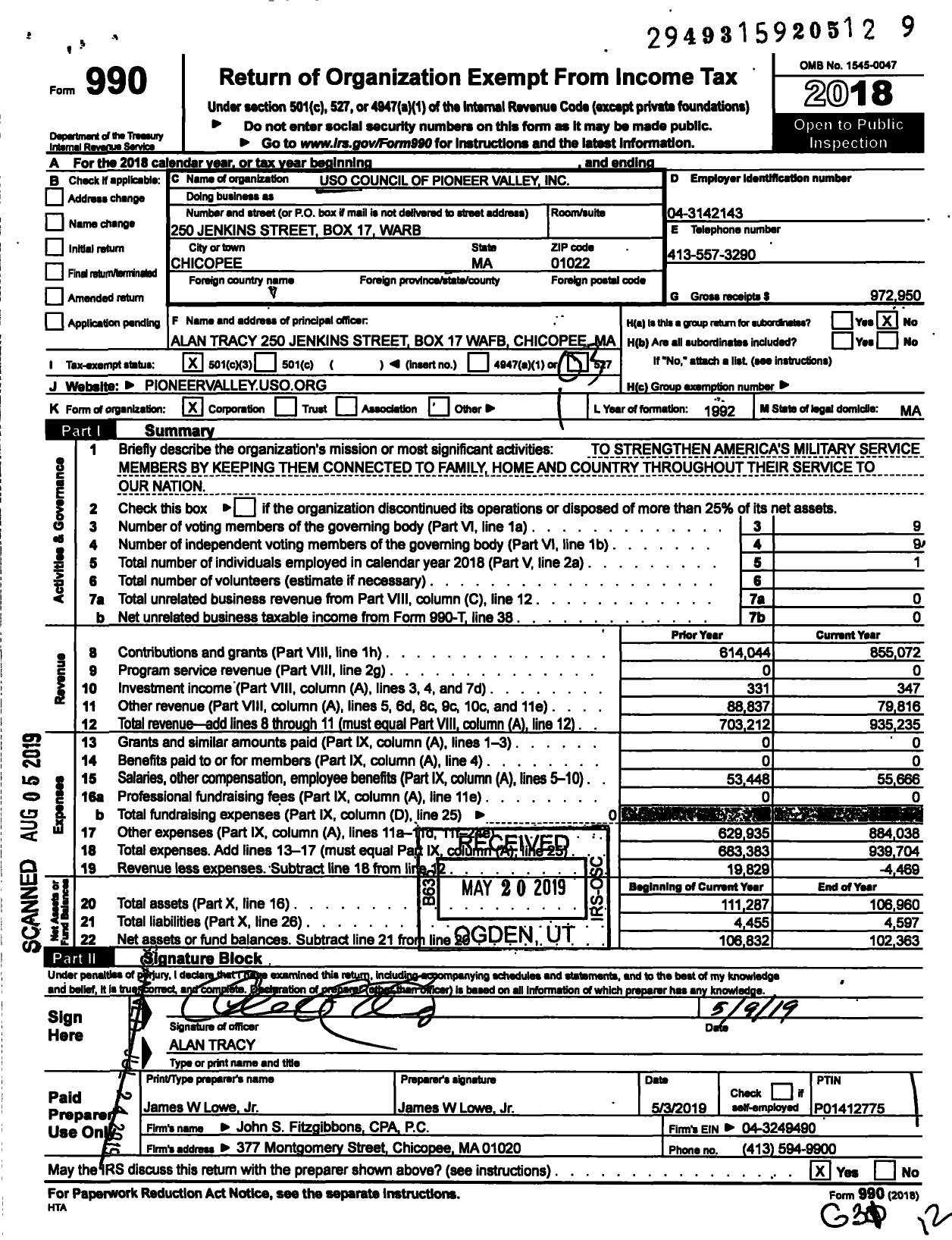 Image of first page of 2018 Form 990 for Uso Council of Pioneer Valley