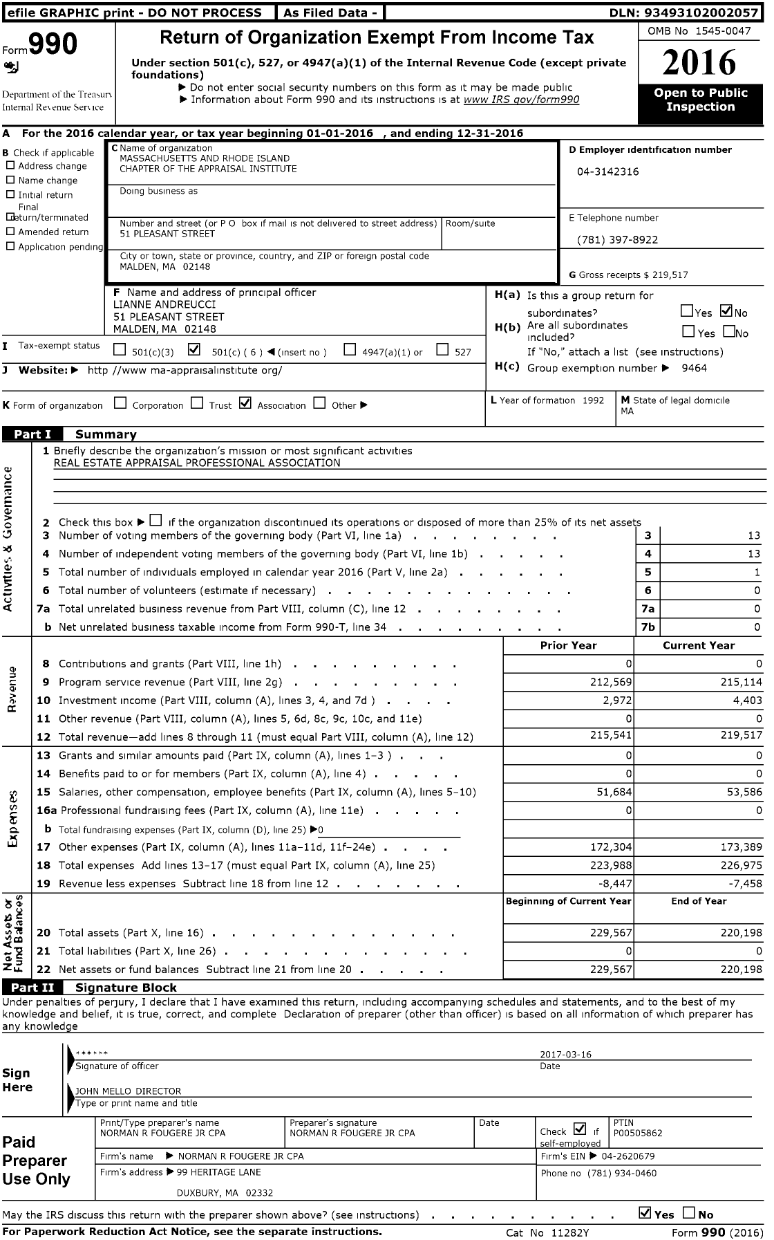 Image of first page of 2016 Form 990O for Massachusetts Rhode Island and Maine Chapter of the Appraisal Institute