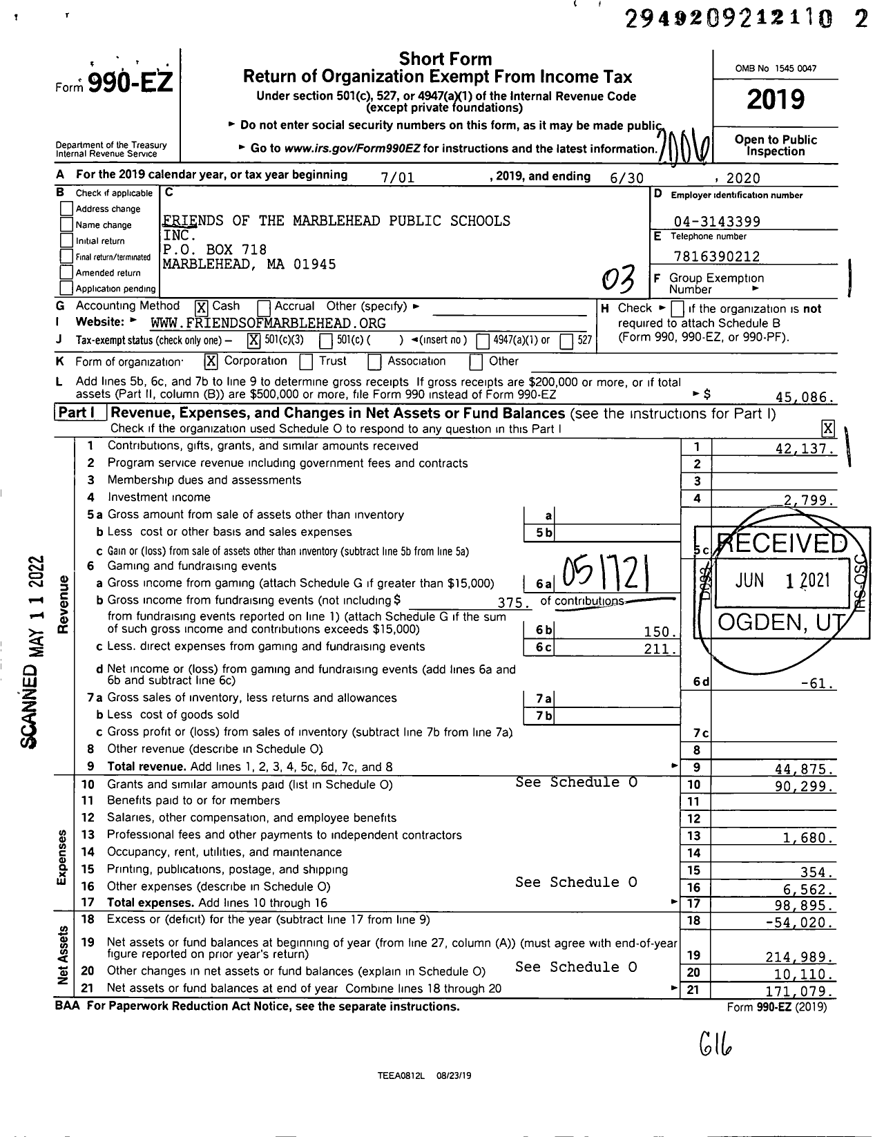 Image of first page of 2019 Form 990EZ for Friends of the Marblehead Public Schools