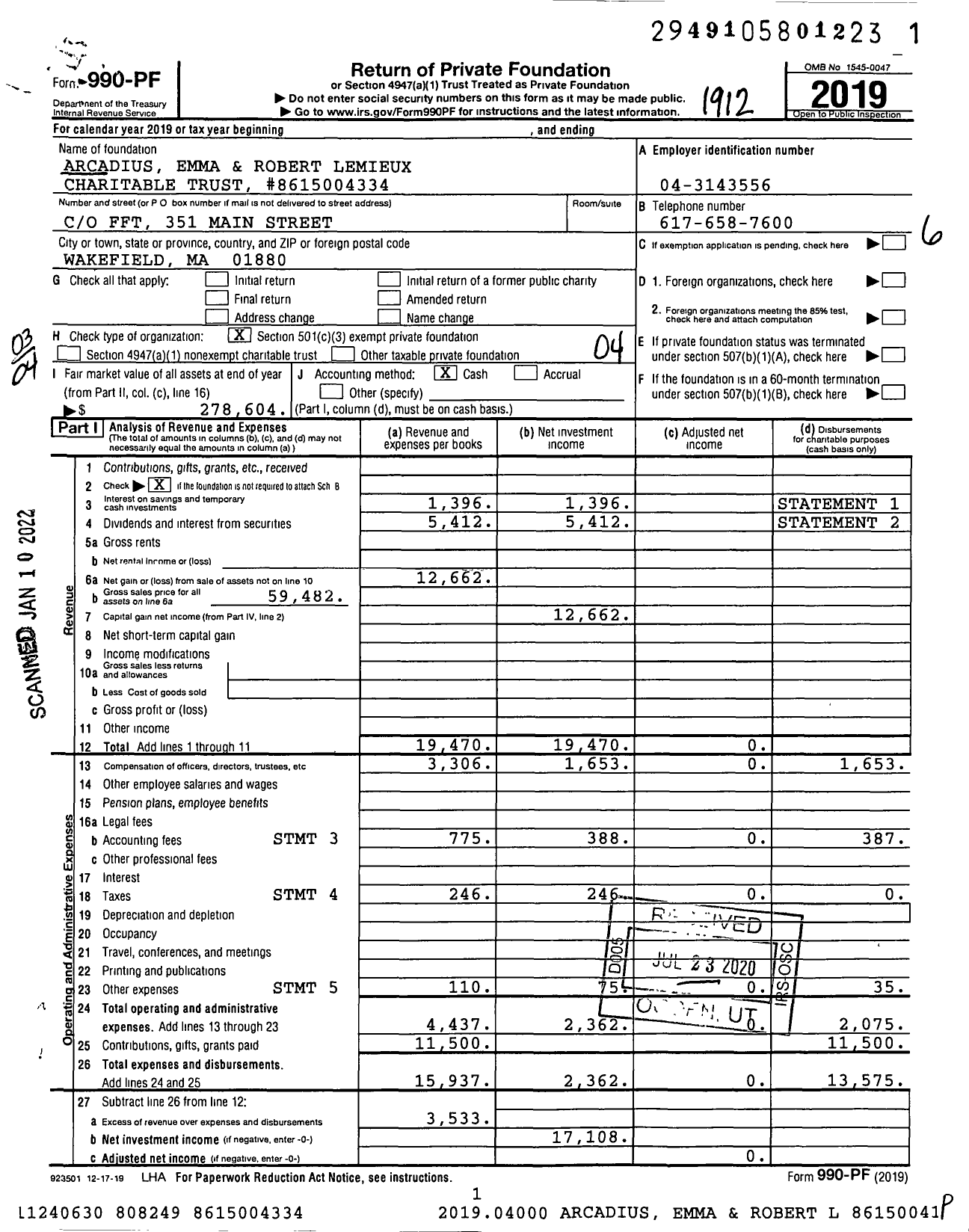 Image of first page of 2019 Form 990PF for Arcadius Emma and Robert Lemieux Charitable Trust #8615004334