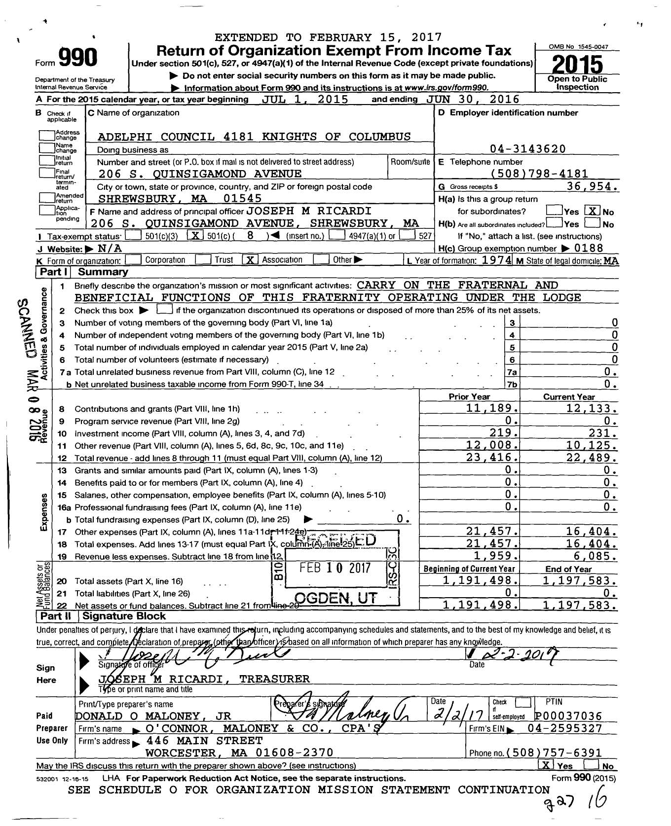 Image of first page of 2015 Form 990O for Knights of Columbus - 4181 Adelphi Council