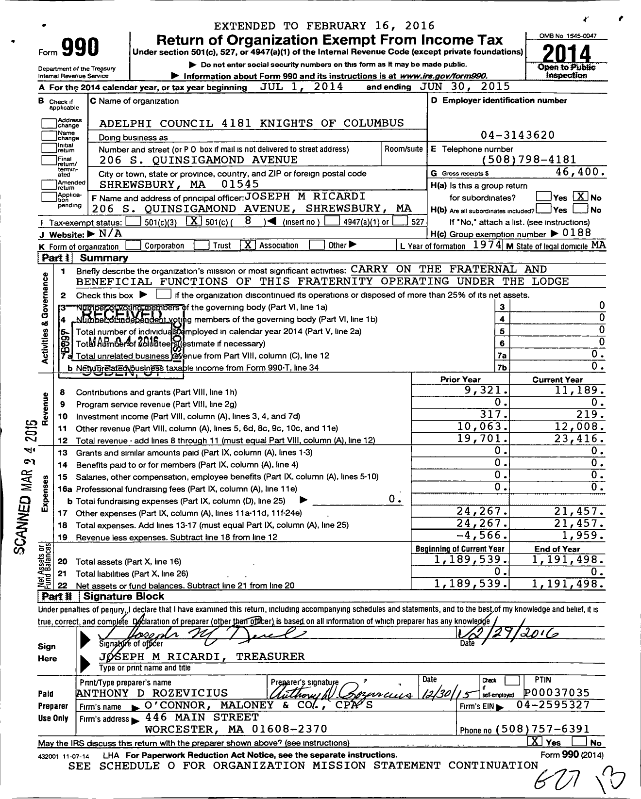 Image of first page of 2014 Form 990O for Knights of Columbus - 4181 Adelphi Council