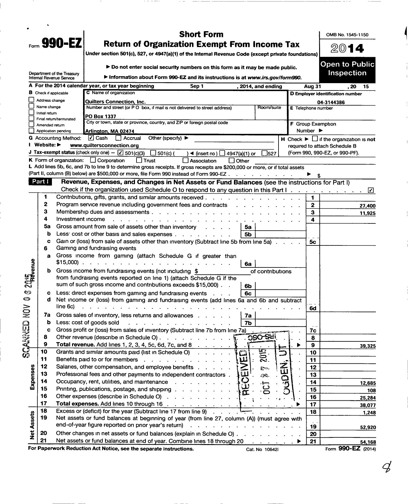 Image of first page of 2014 Form 990EZ for Quilters Connection