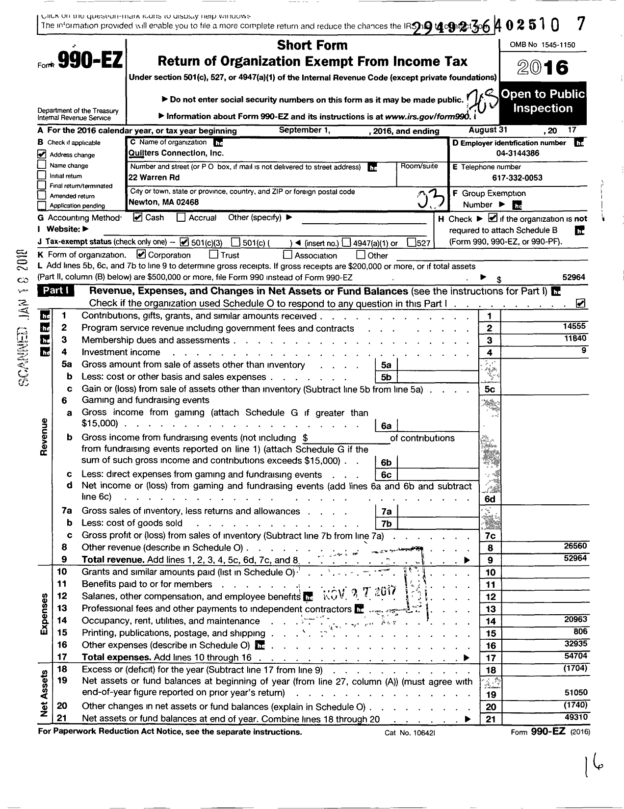 Image of first page of 2016 Form 990EZ for Quilters Connection