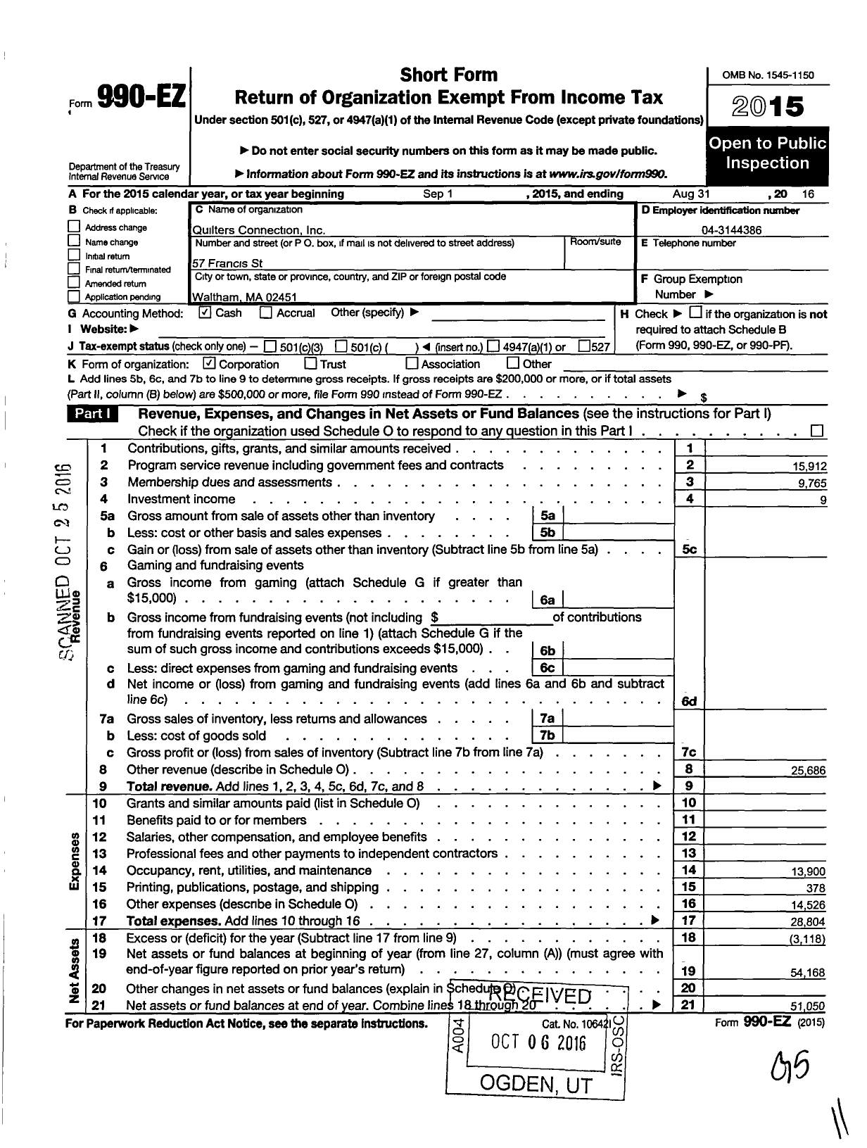 Image of first page of 2015 Form 990EO for Quilters Connection