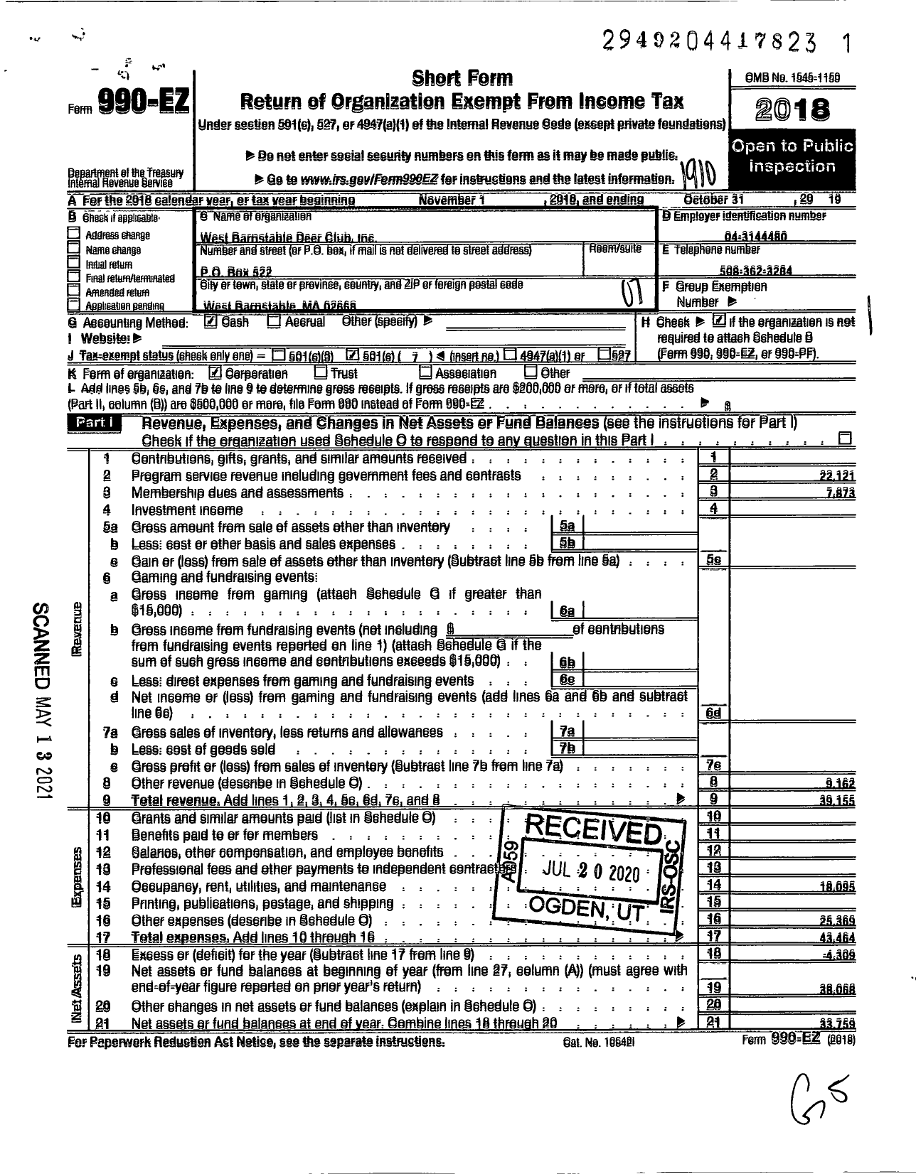 Image of first page of 2018 Form 990EO for West Barnstable Deer Club