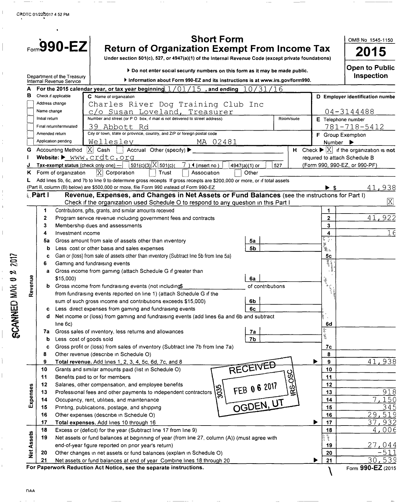 Image of first page of 2015 Form 990EO for Charles River Dog Training Club