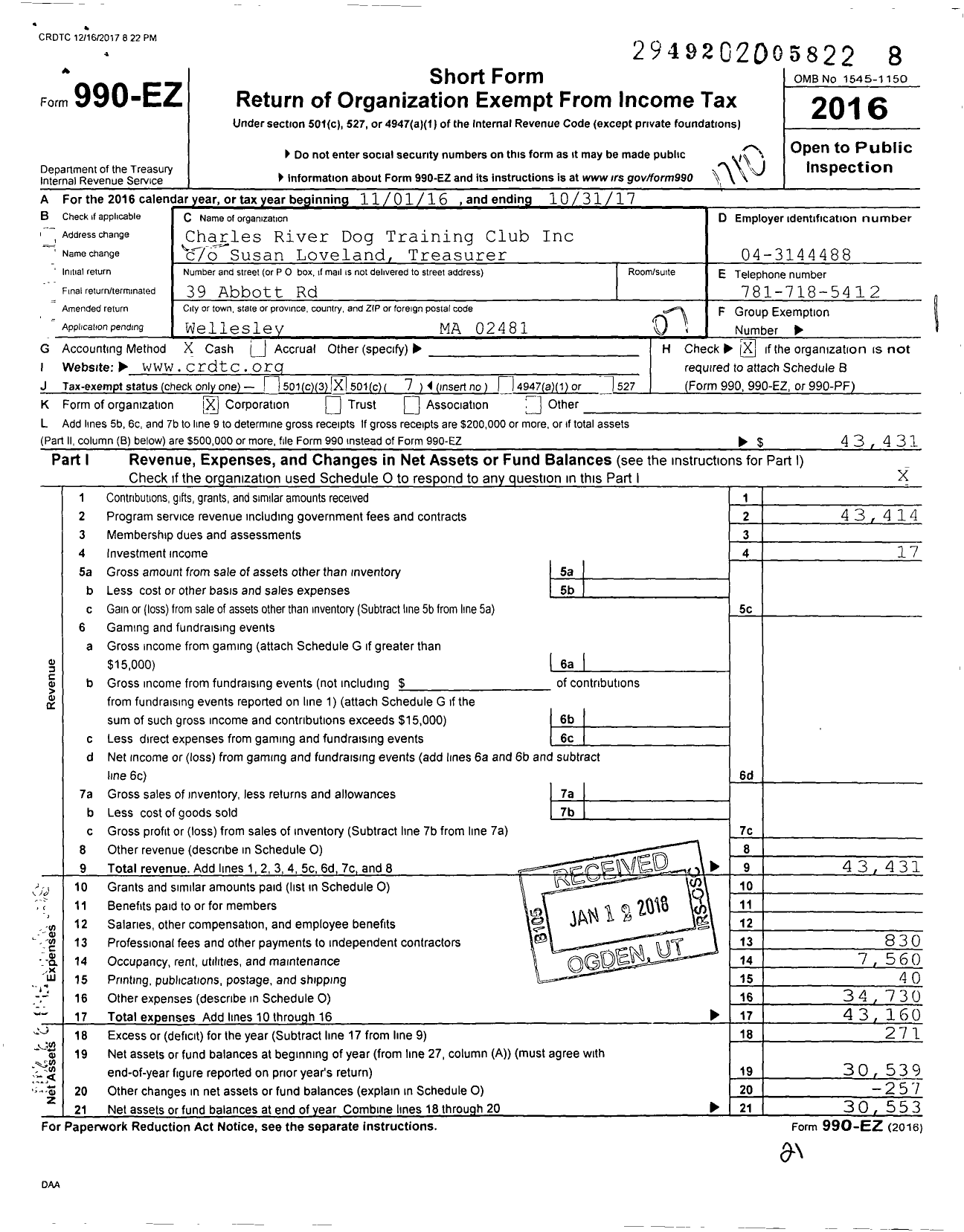 Image of first page of 2016 Form 990EO for Charles River Dog Training Club