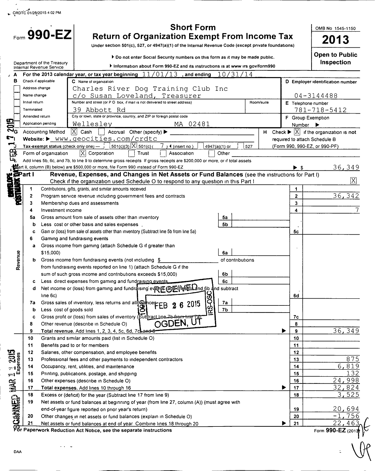 Image of first page of 2013 Form 990EO for Charles River Dog Training Club