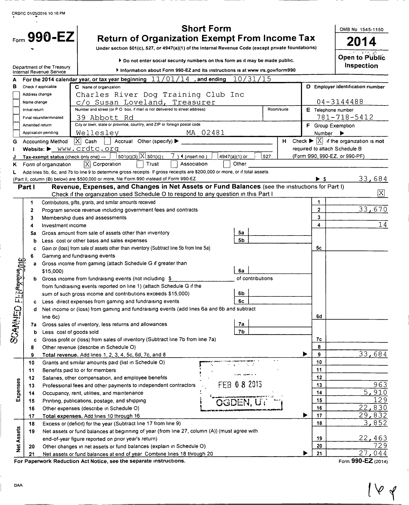 Image of first page of 2014 Form 990EO for Charles River Dog Training Club