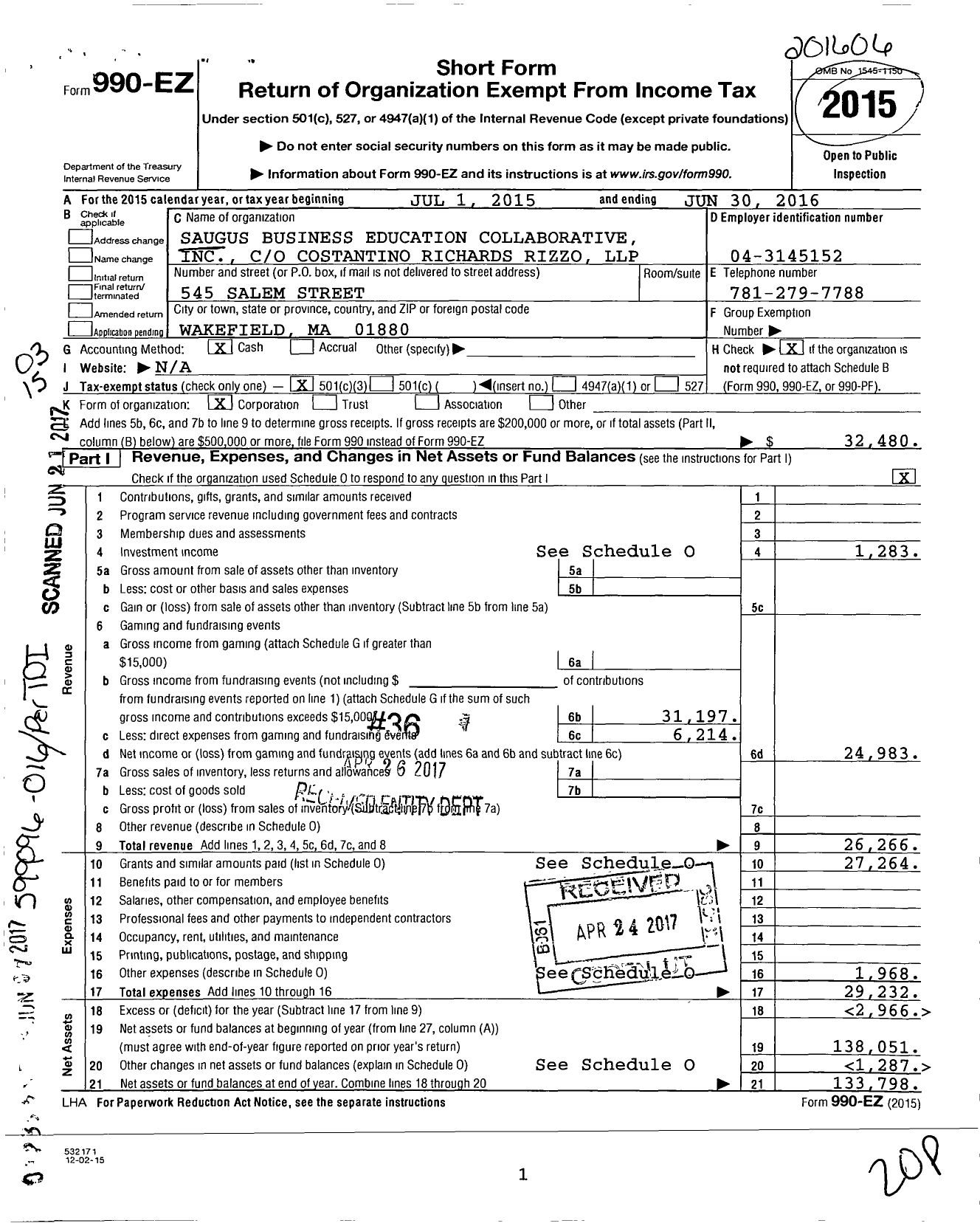 Image of first page of 2015 Form 990EZ for Saugus Business Education Collaborative