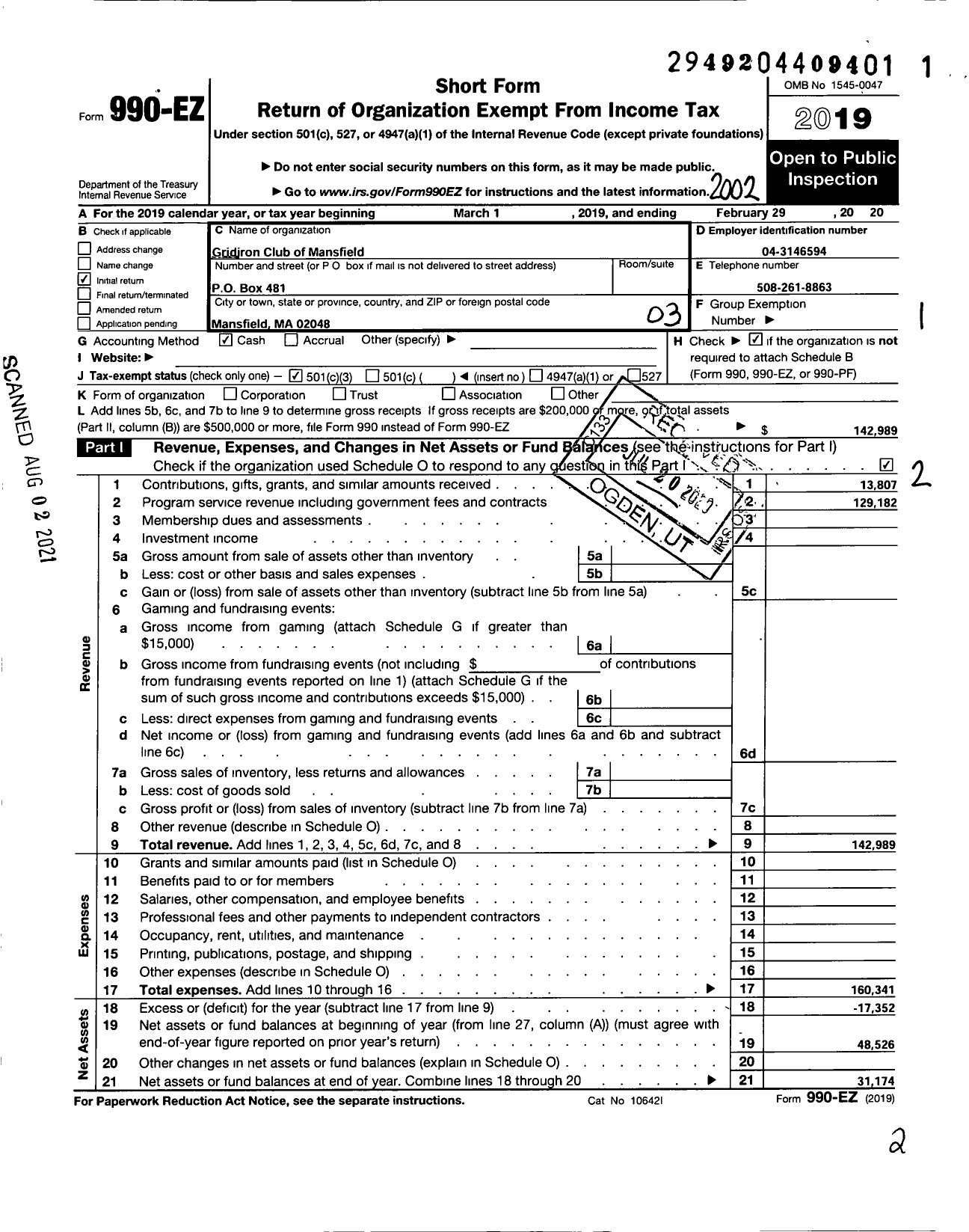 Image of first page of 2019 Form 990EZ for Gridiron Club of Mansfield