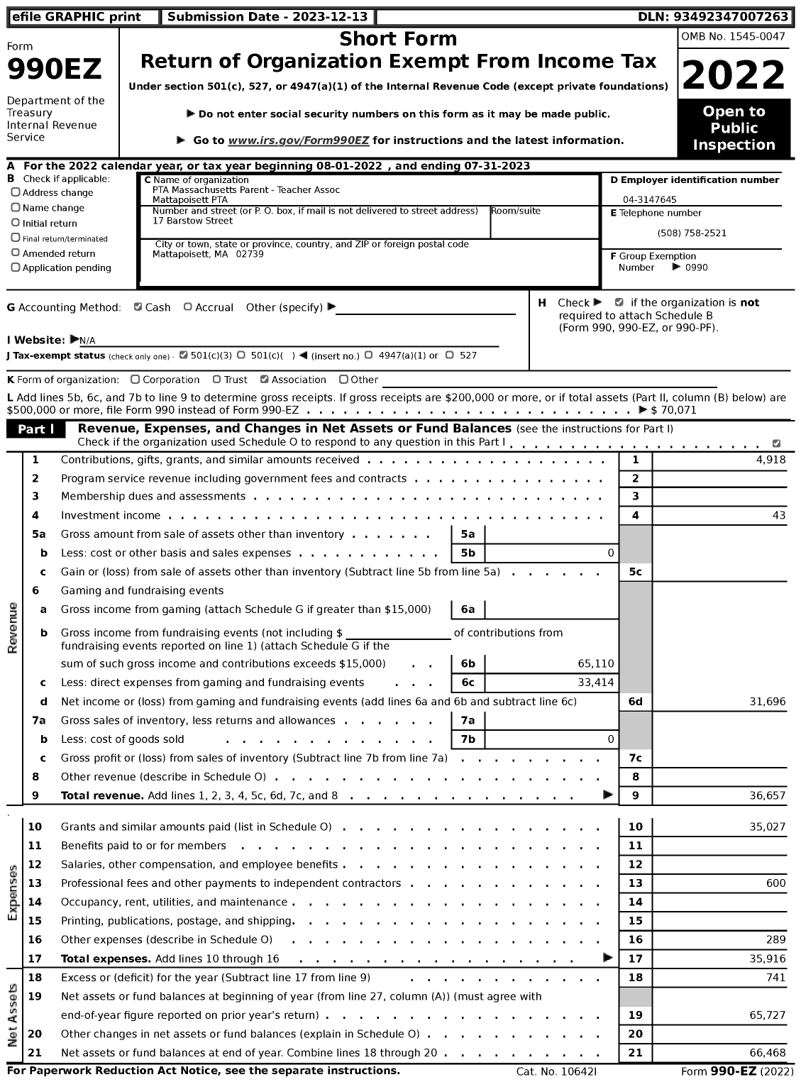 Image of first page of 2022 Form 990EZ for PTA Massachusetts Parent - Teacher Assoc Mattapoisett PTA