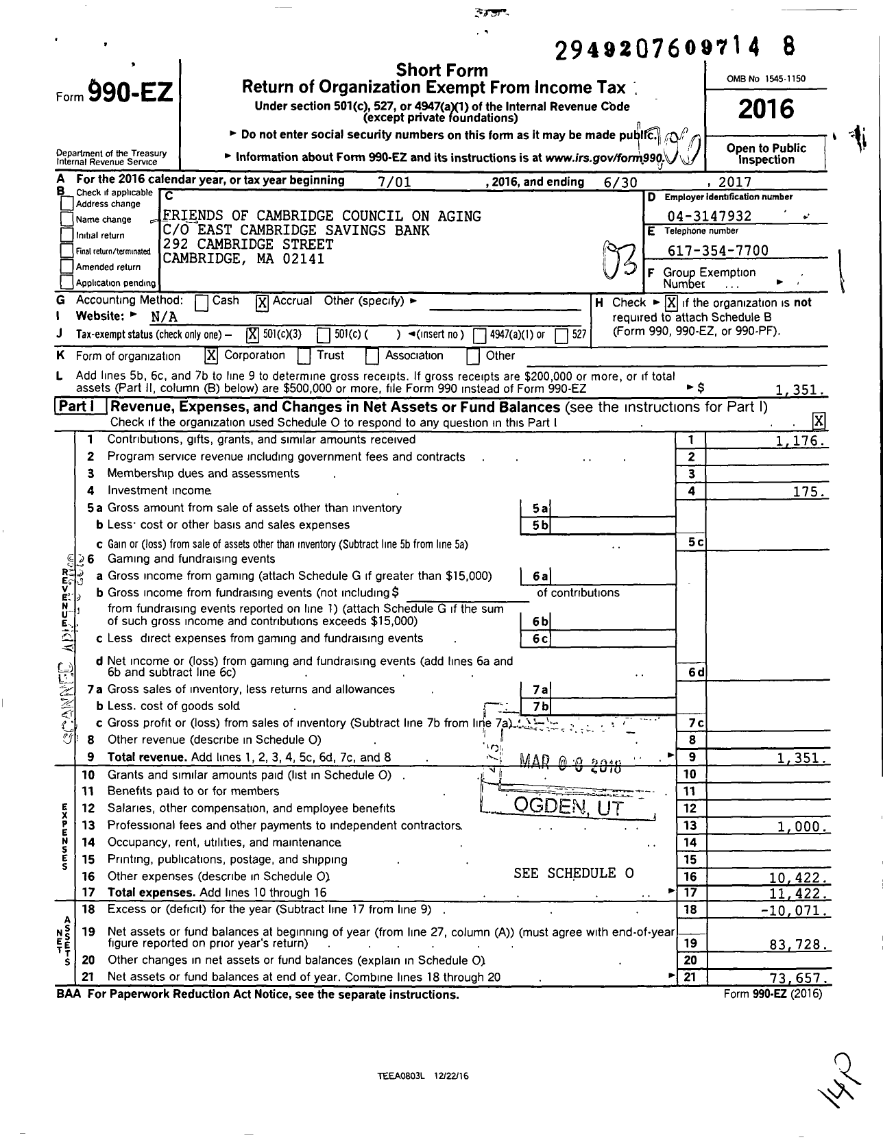 Image of first page of 2016 Form 990EZ for Friends of Cambridge Council on Aging