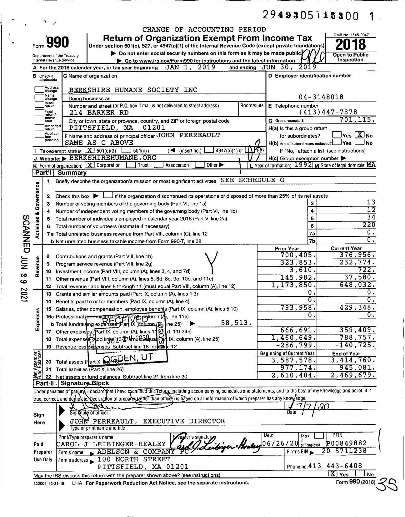 Image of first page of 2018 Form 990 for Berkshire Humane Society (BHS)