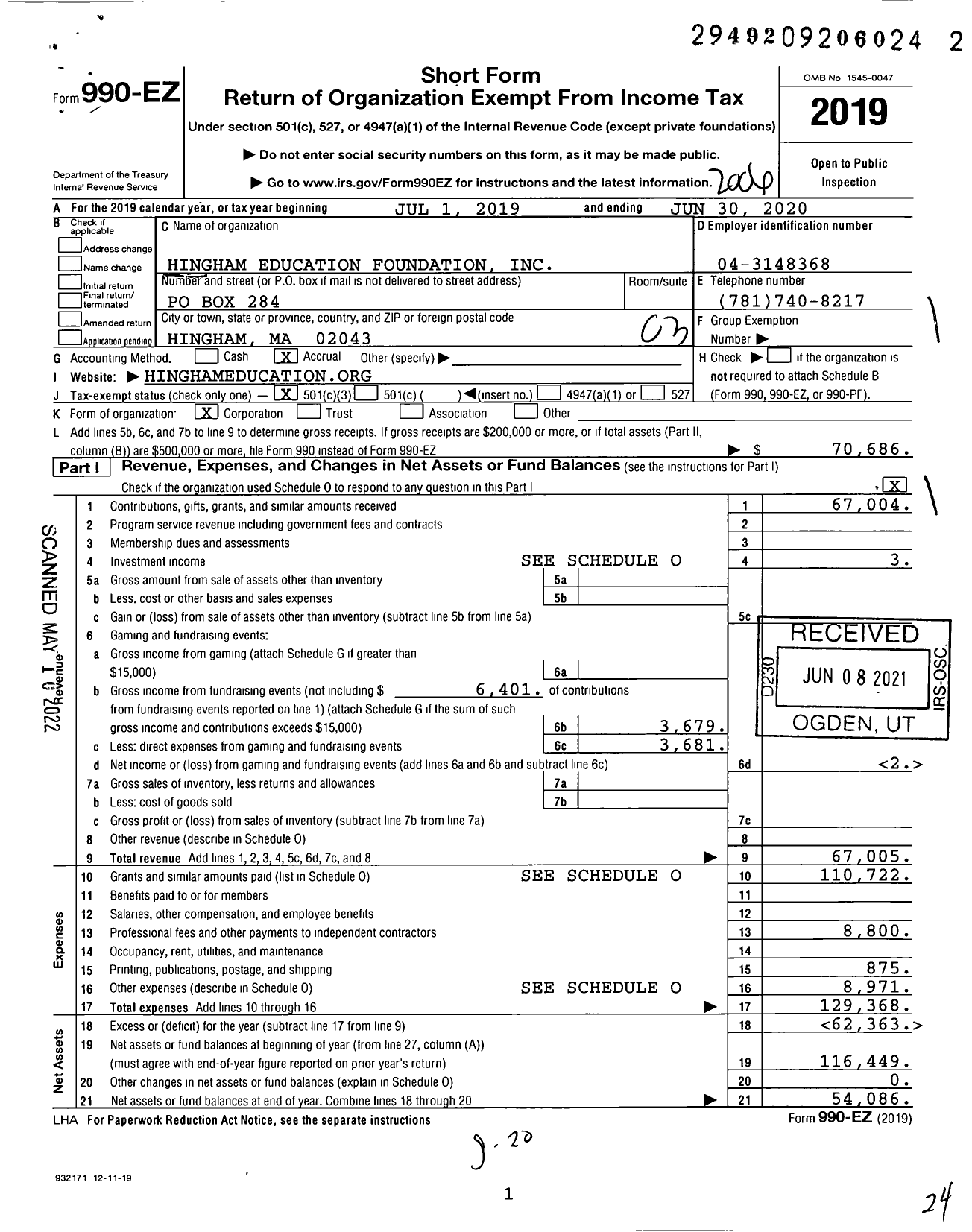 Image of first page of 2019 Form 990EZ for Hingham Education Foundation