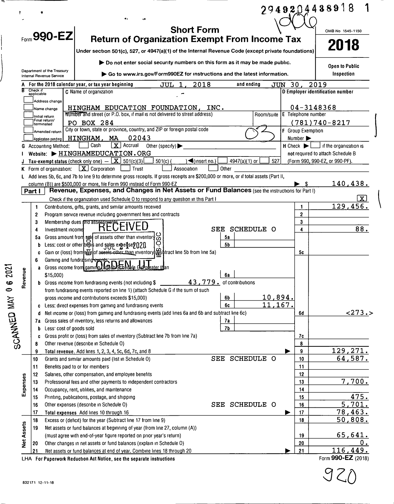 Image of first page of 2018 Form 990EZ for Hingham Education Foundation