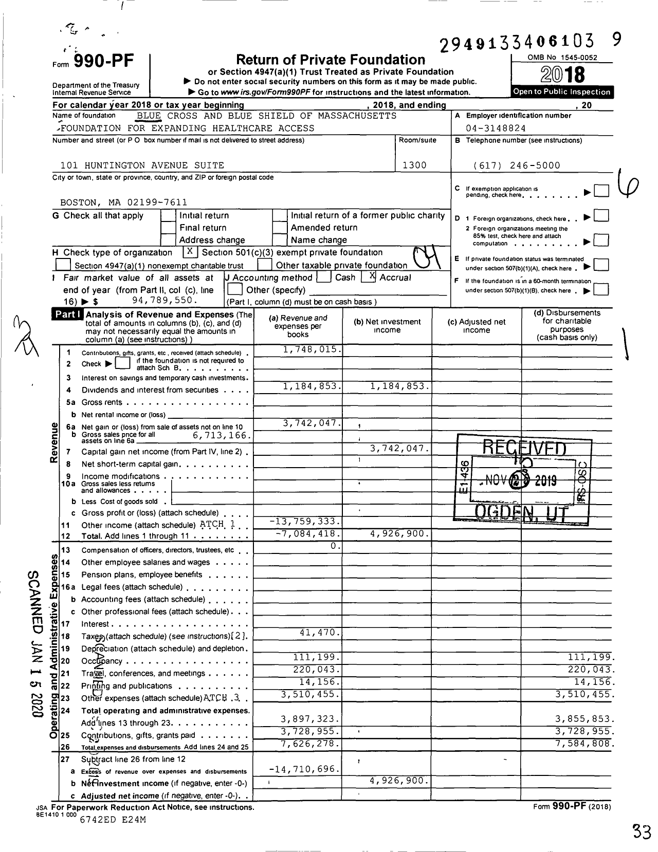 Image of first page of 2018 Form 990PF for Blue Cross Blue Shield of Massachusetts Foundation