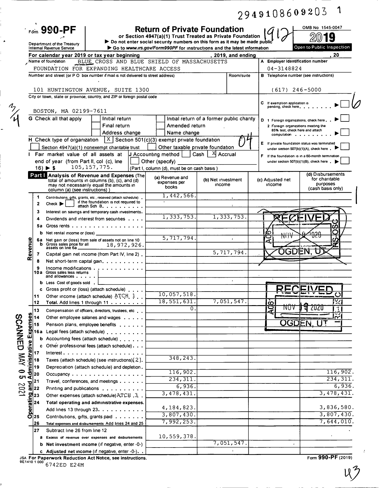 Image of first page of 2019 Form 990PF for Blue Cross Blue Shield of Massachusetts Foundation