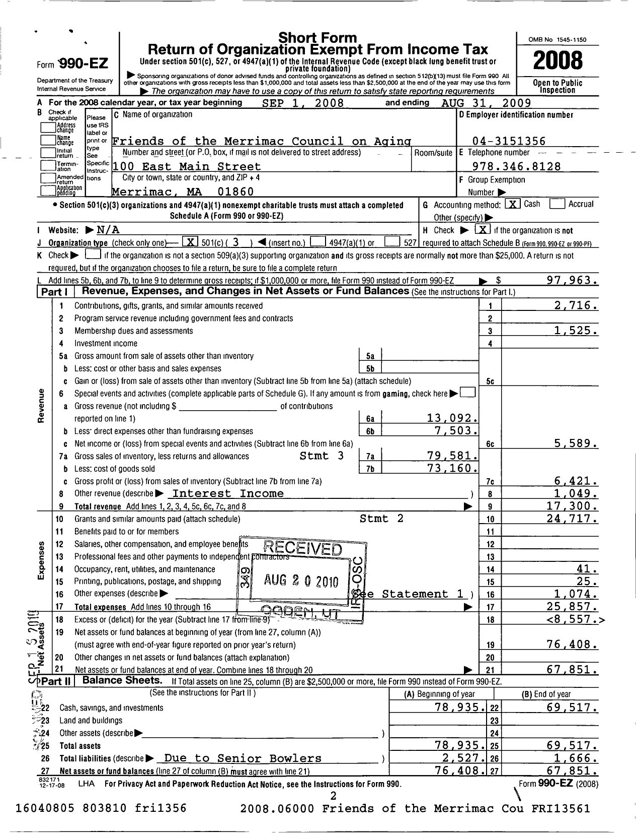 Image of first page of 2008 Form 990EZ for Friends of the Merrimac Council on Aging