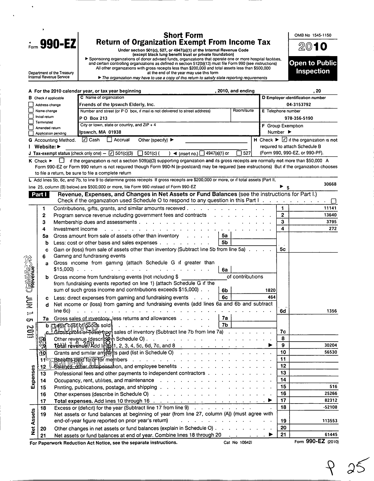 Image of first page of 2010 Form 990EZ for Friends of the Ipswich Elderly