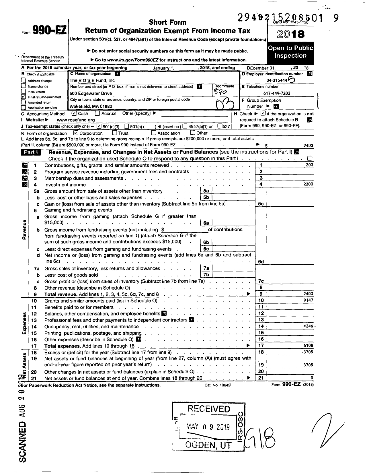 Image of first page of 2018 Form 990EZ for Rose Fund