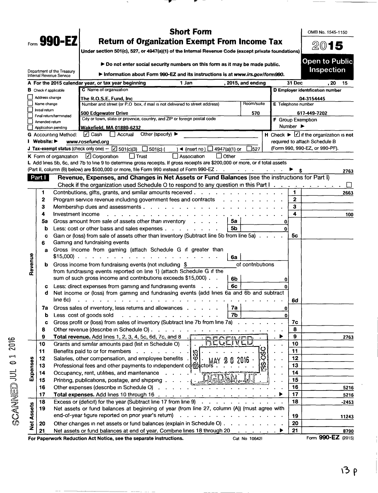 Image of first page of 2015 Form 990EZ for Rose Fund