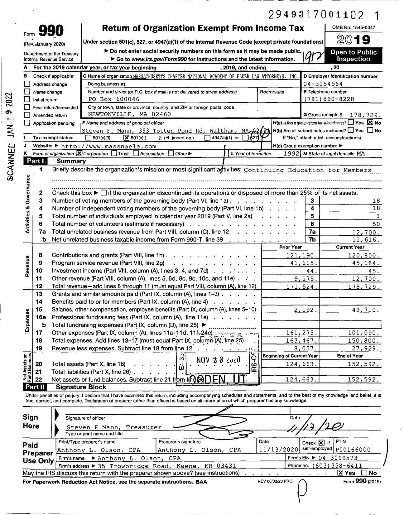 Image of first page of 2019 Form 990O for Massachusetts Chapter National Academy of Elder Law Attorneys