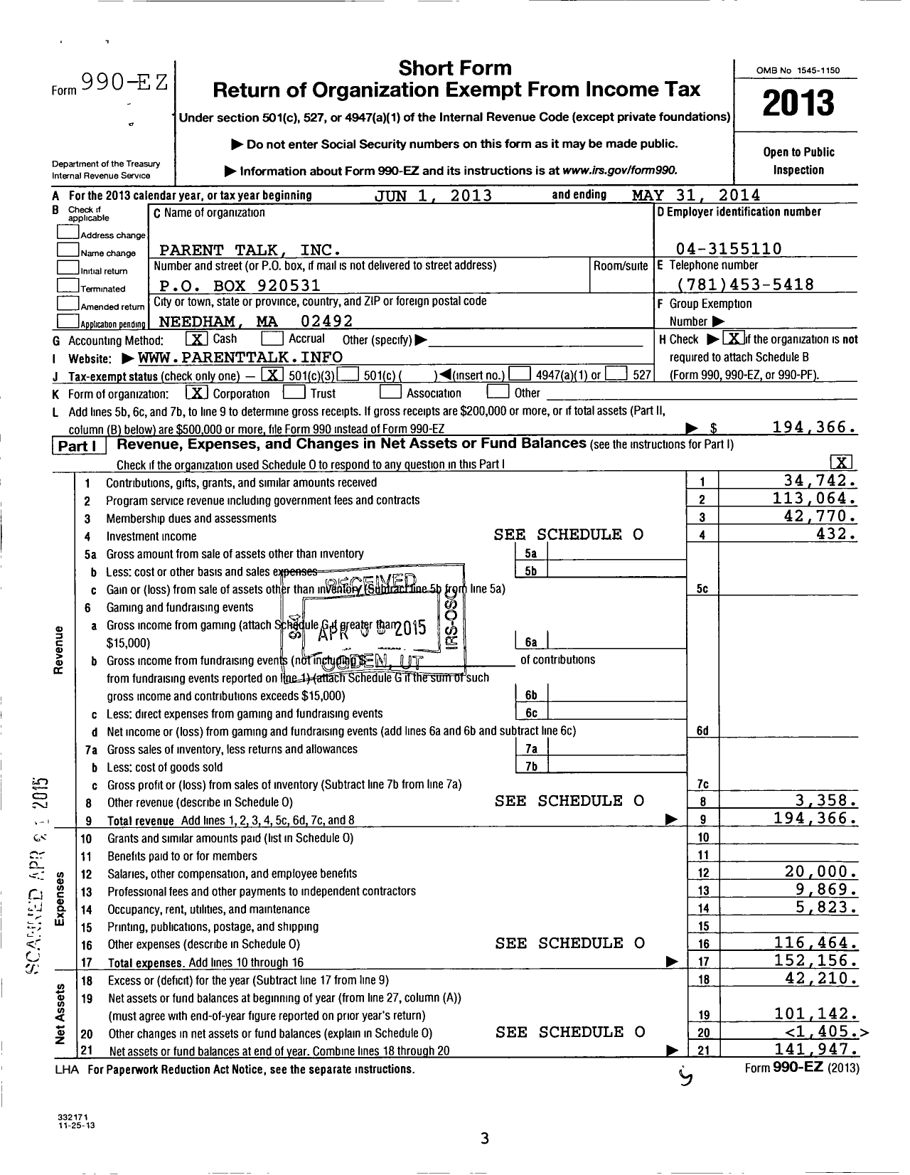 Image of first page of 2013 Form 990EZ for Parent Talk