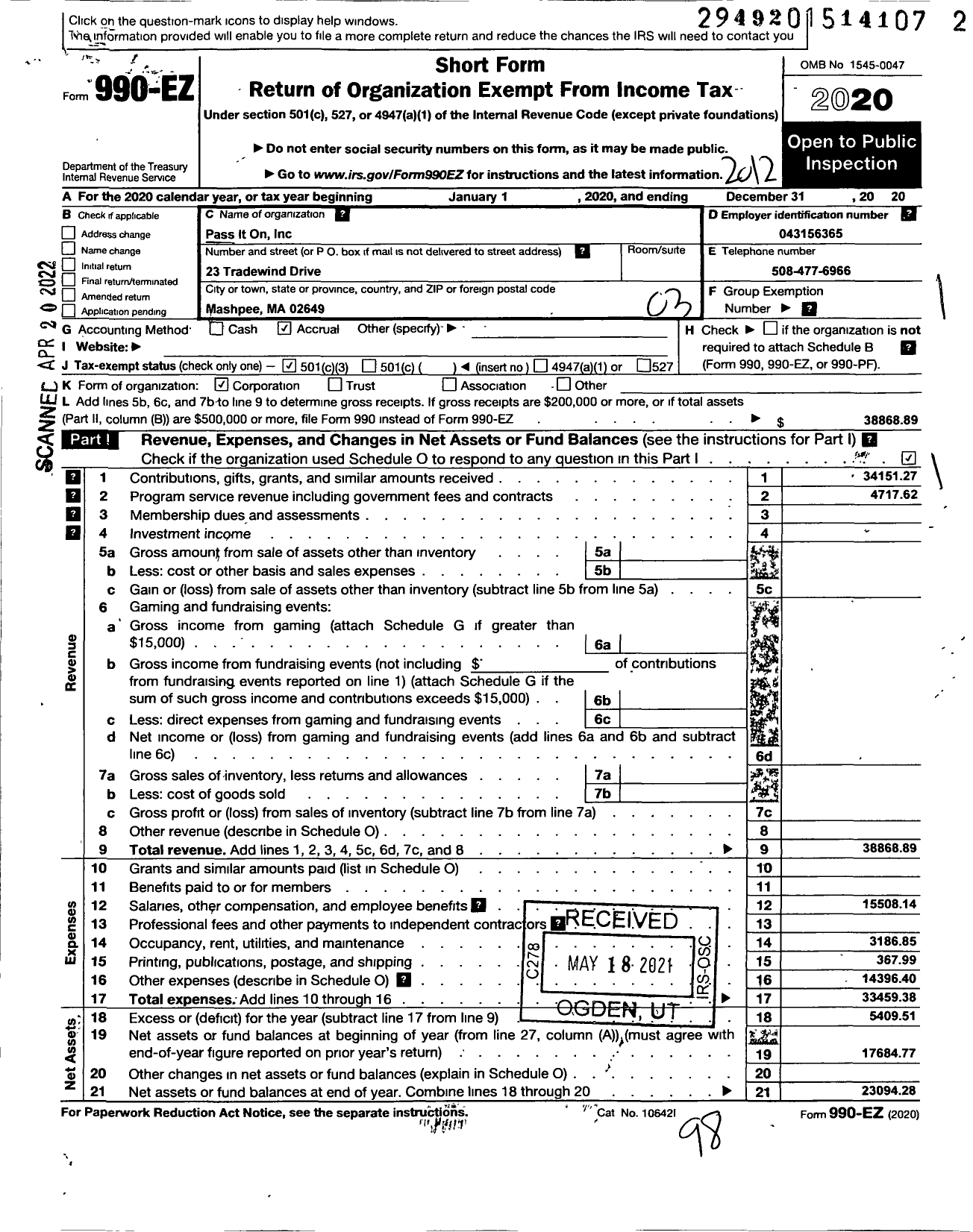 Image of first page of 2020 Form 990EZ for Pass It on