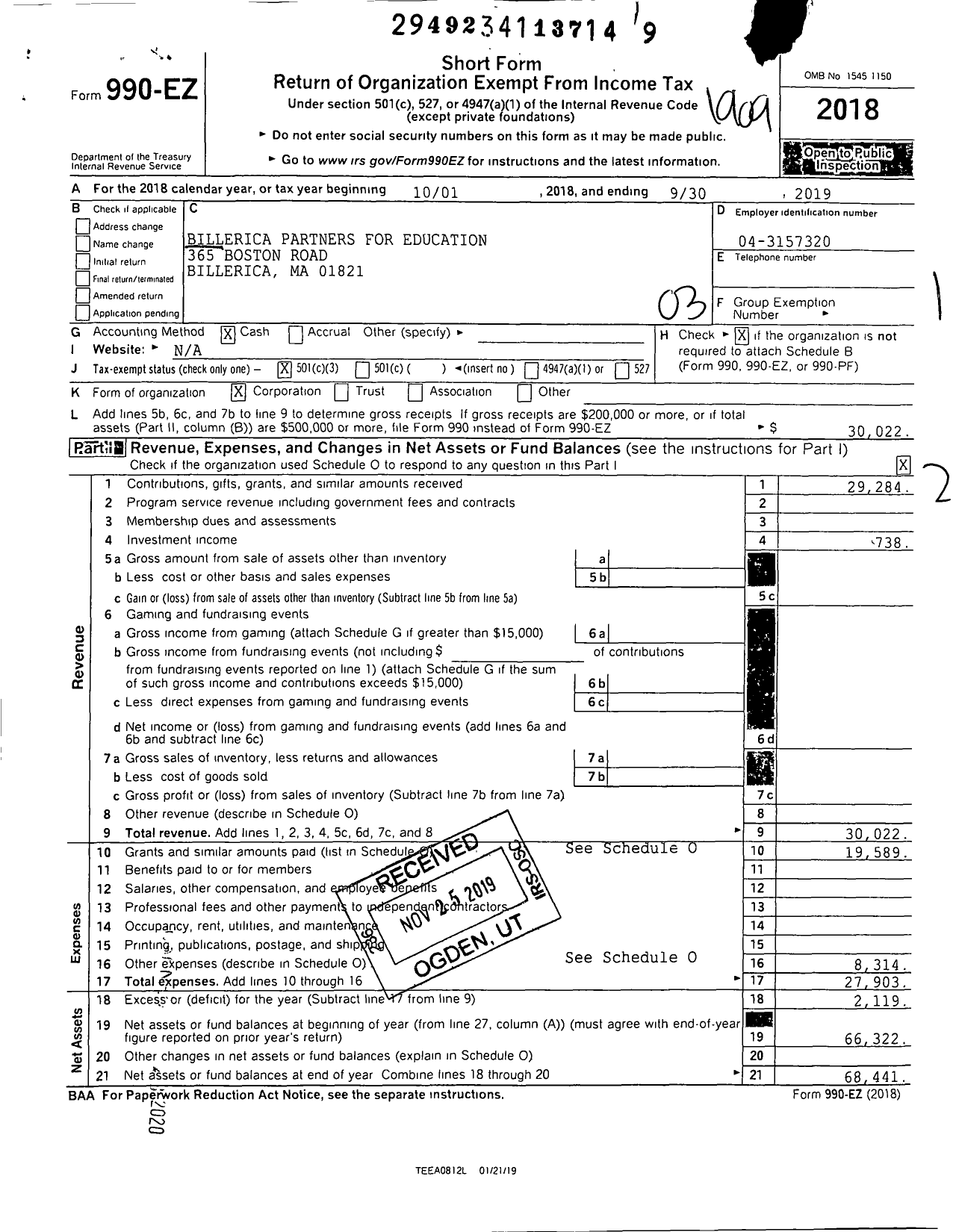 Image of first page of 2018 Form 990EZ for Billerica Partners for Education