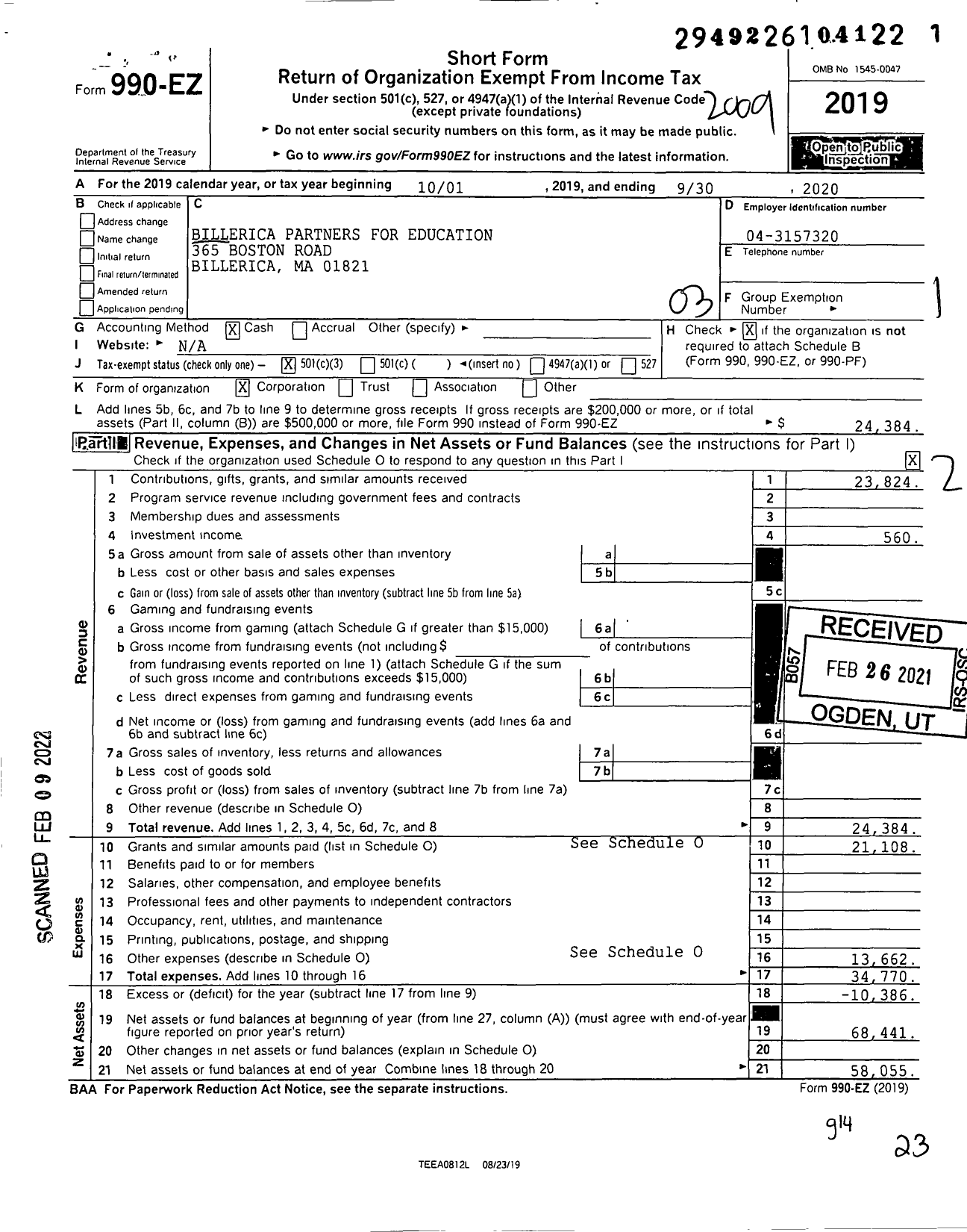 Image of first page of 2019 Form 990EZ for Billerica Partners for Education