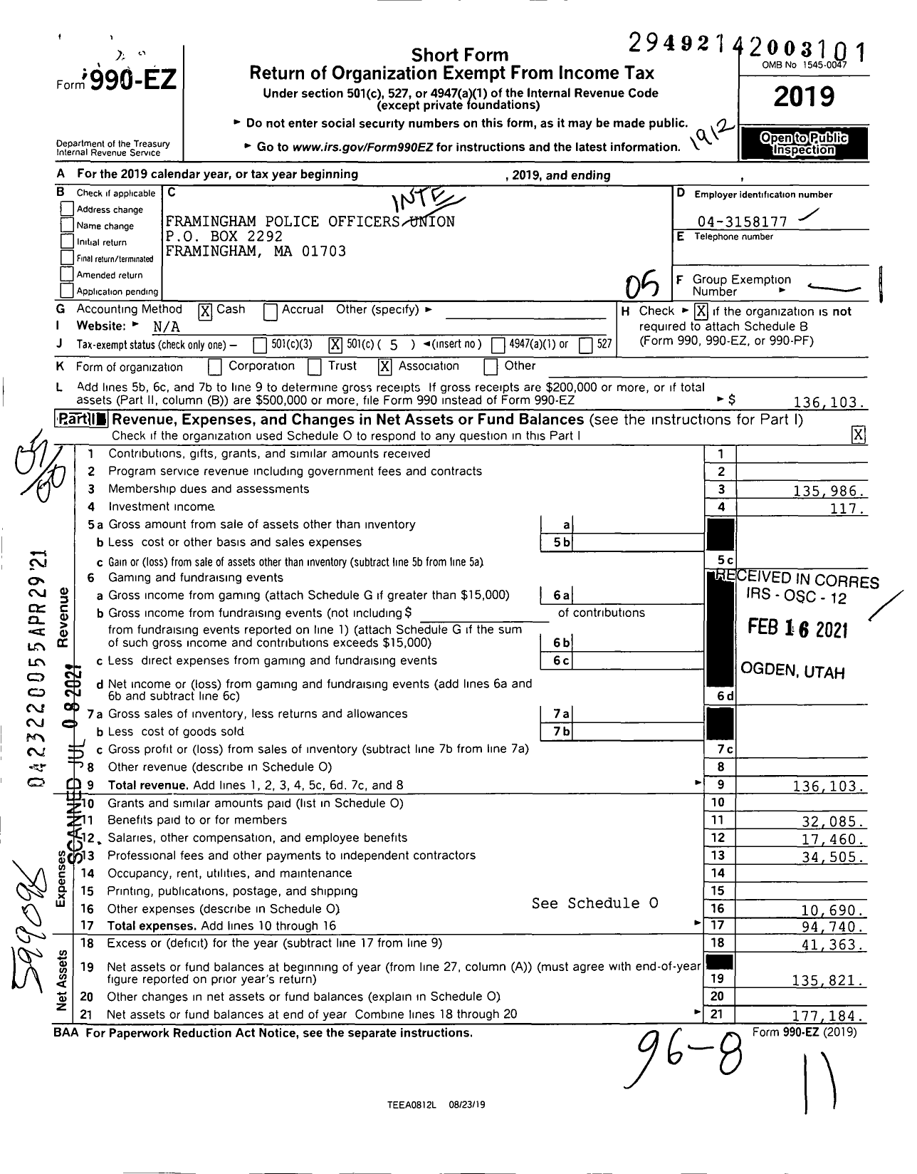 Image of first page of 2019 Form 990EO for Framingham Police Officers Union