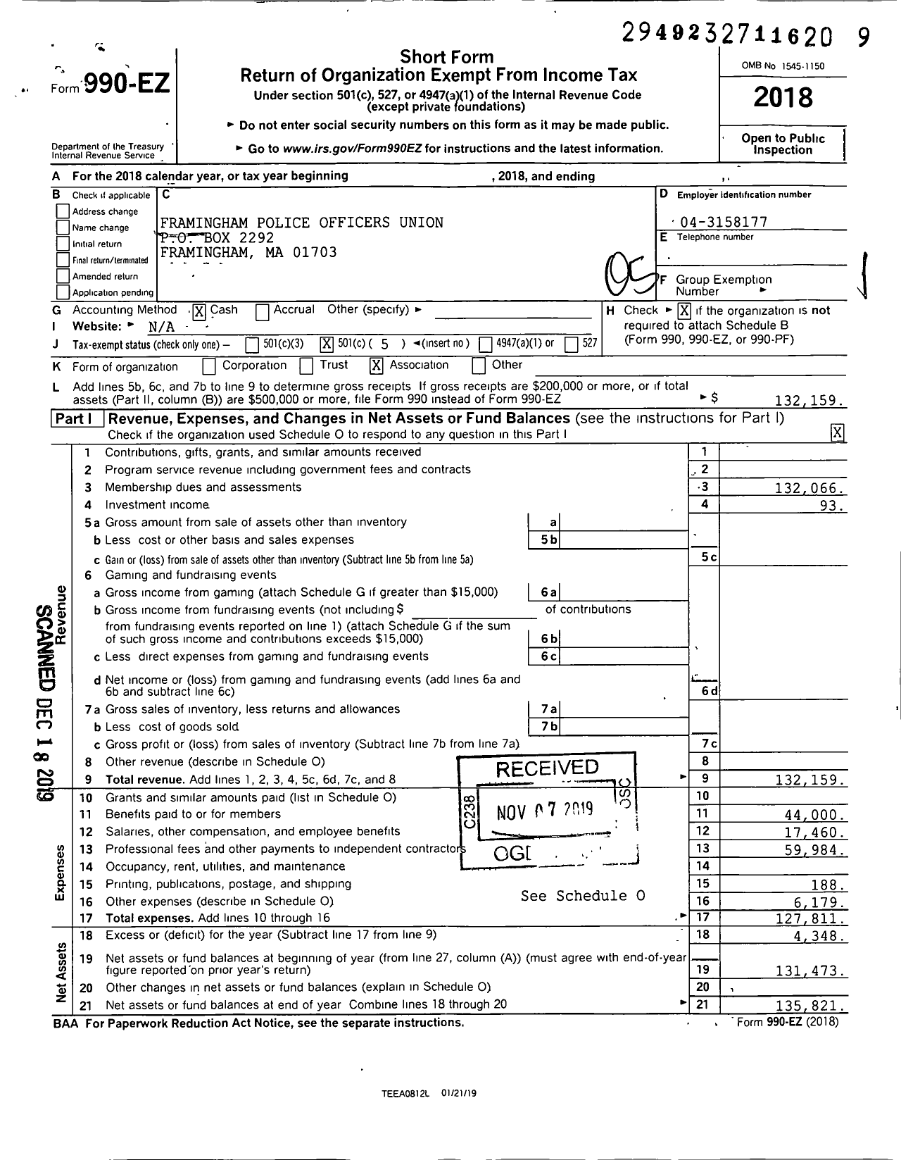 Image of first page of 2018 Form 990EO for Framingham Police Officers Union