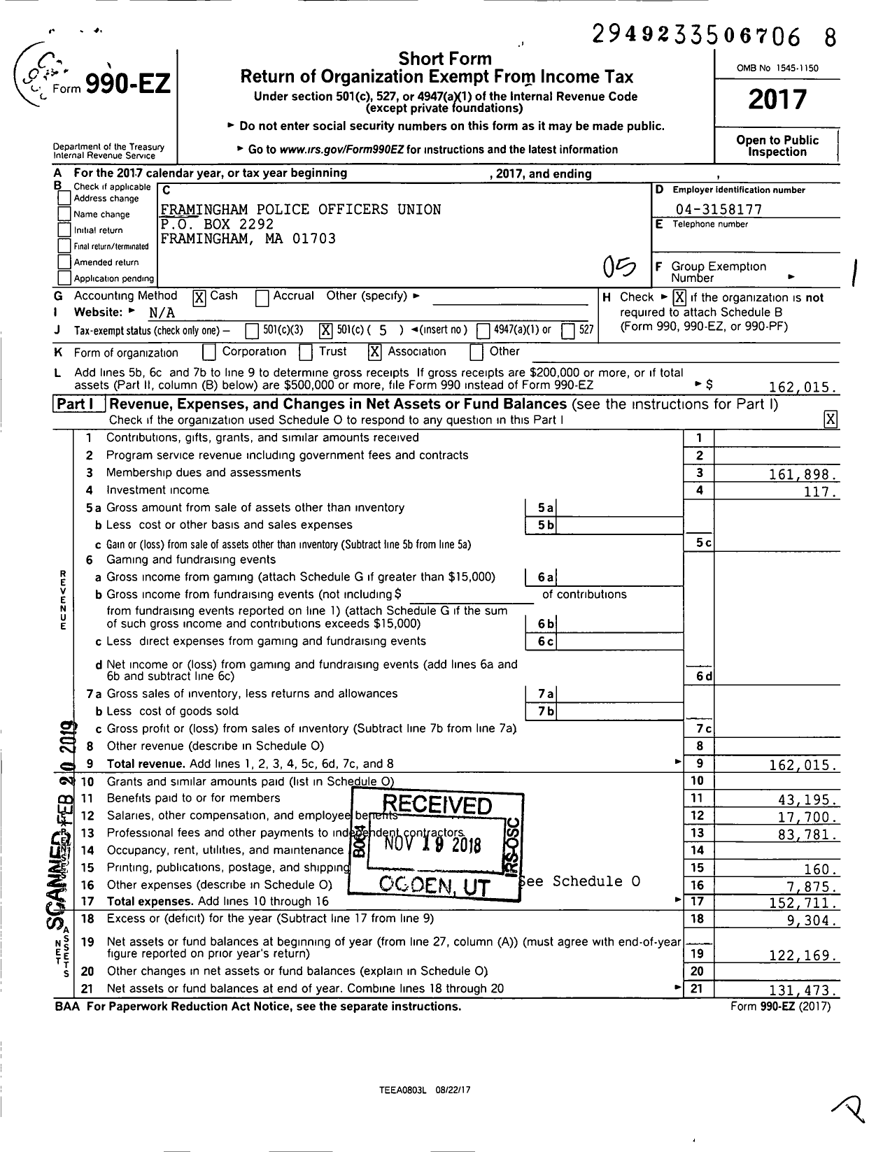 Image of first page of 2017 Form 990EO for Framingham Police Officers Union